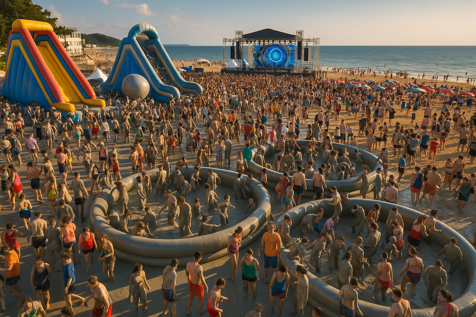 Crowds covered in clay-gray mud play on inflatable slides at Daecheon Beach during Korea's Boryeong Mud Festival.