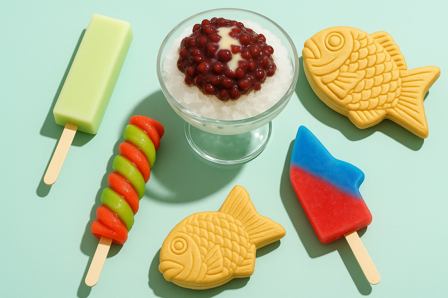 The best Korean ice cream treats — Melona, Samanco, Screw Bar and patbingsu — arranged on a mint background