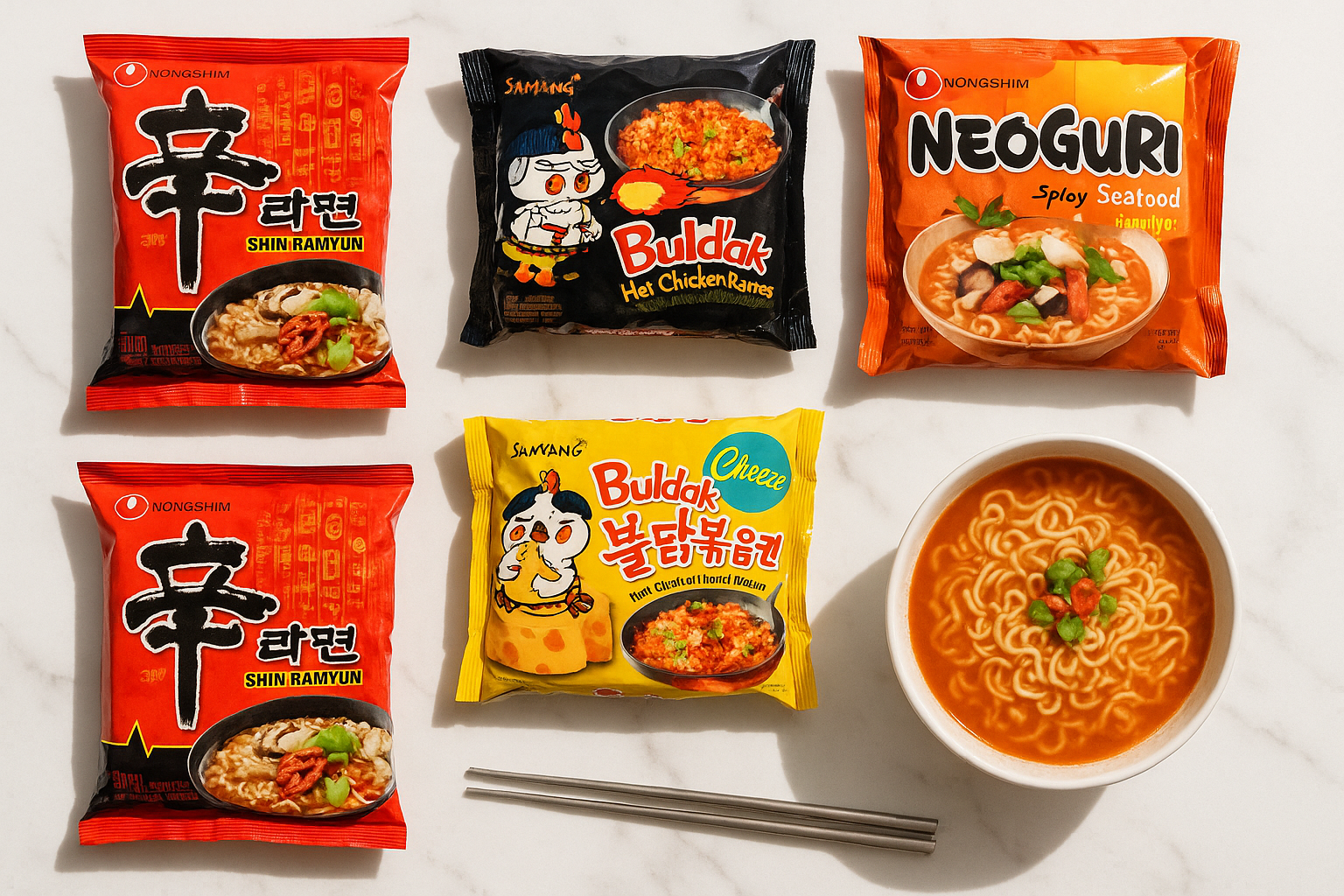 Colorful packets of popular Korean instant noodles arranged on a white surface with a steaming bowl of cooked ramyeon and chopsticks