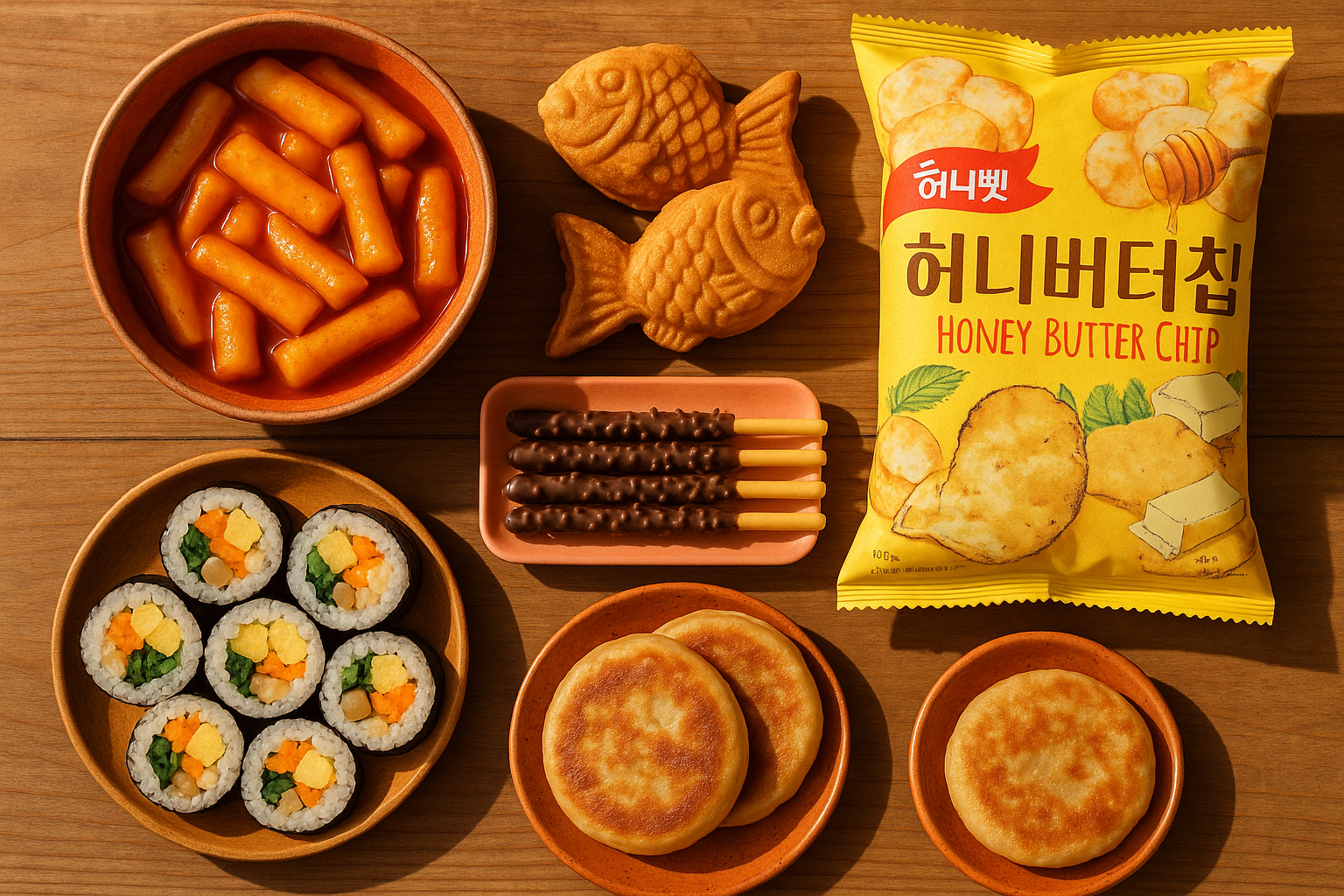 Assortment of the best Korean snacks including tteokbokki, bungeoppang, gimbap, hotteok, and honey butter chips on a wooden table