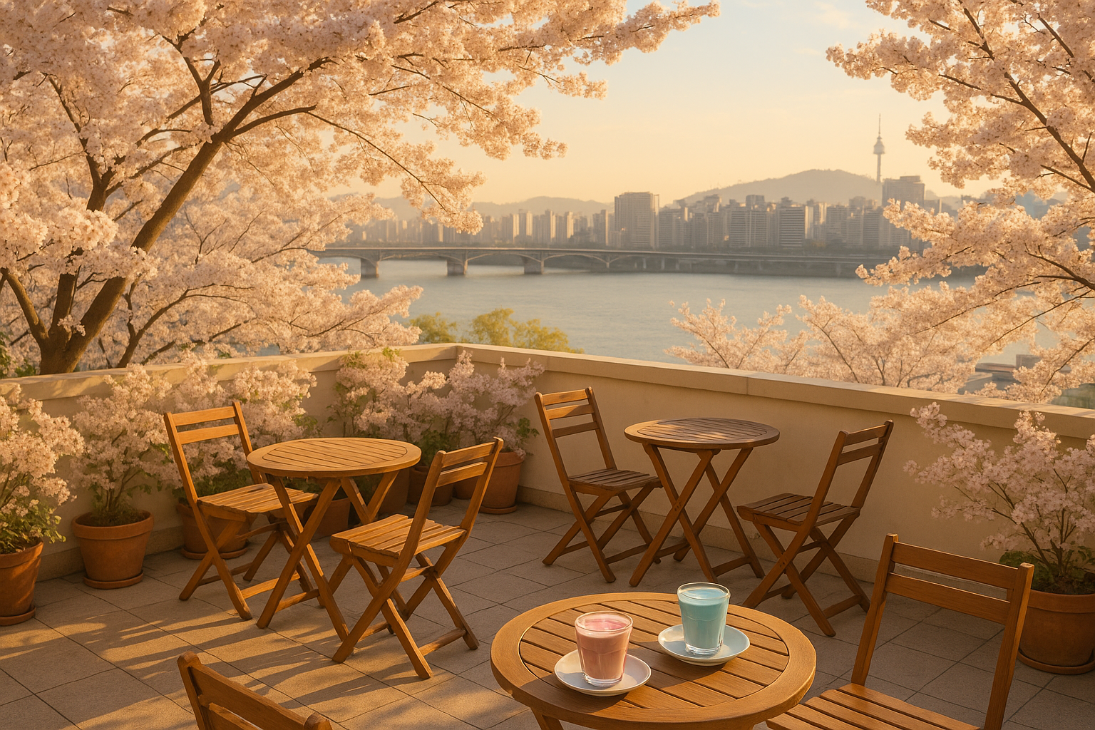 Cherry blossom terrace for a best spring cafes in Seoul with flower views cafe route