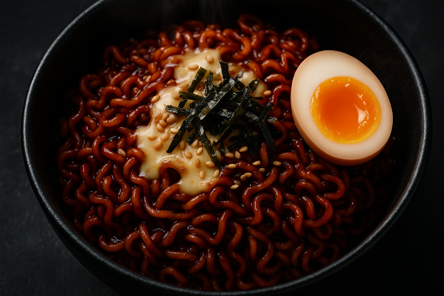 Glossy dark-red Korean buldak fire noodles in a black bowl topped with melted cheese, a soft-boiled egg, sesame seeds and seaweed