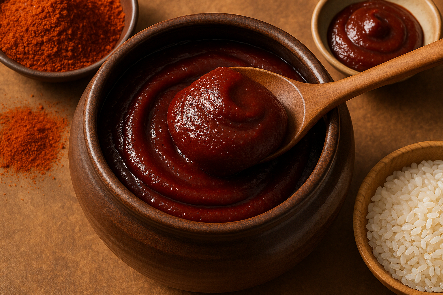 Glossy deep-red Korean gochujang chili paste in an earthenware onggi pot with a wooden spoon and red chili powder