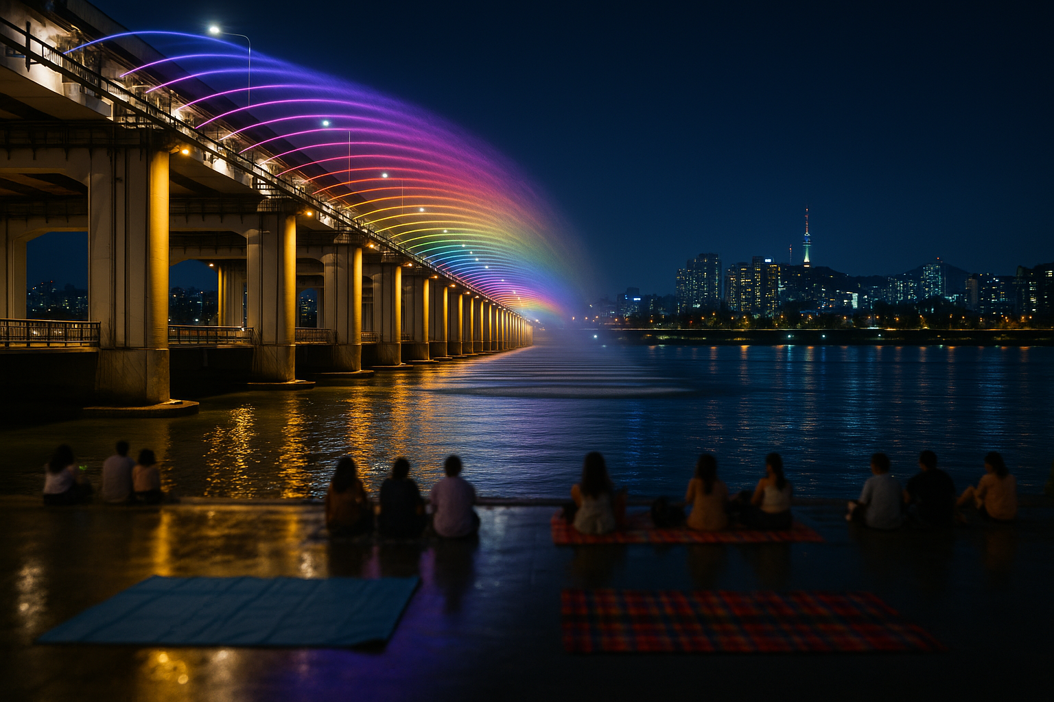 Han River night activities Seoul summer 2026 — Banpo Bridge rainbow fountain lit at night with picnickers on the south bank