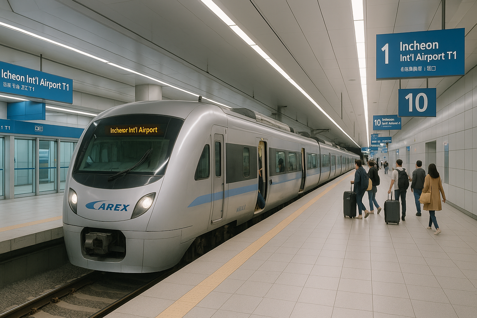 AREX express train arriving at Incheon International Airport station with passengers boarding on a bright platform