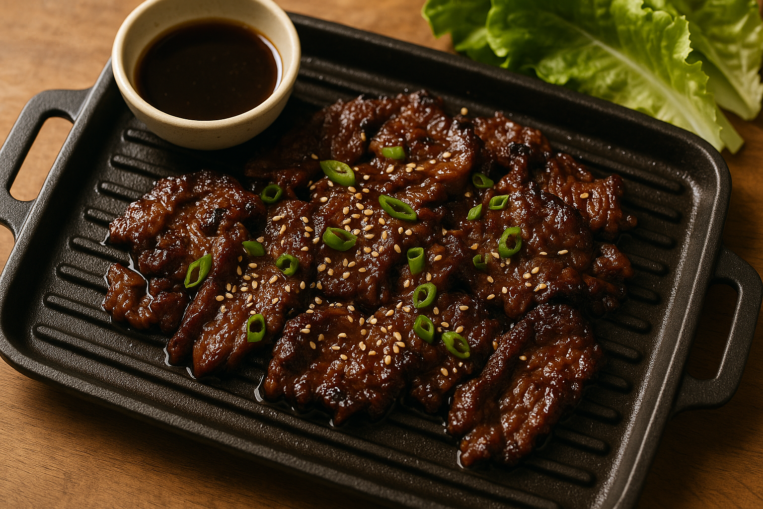 Glossy marinated Korean bulgogi beef grilling on a cast-iron griddle with sesame seeds and green onion
