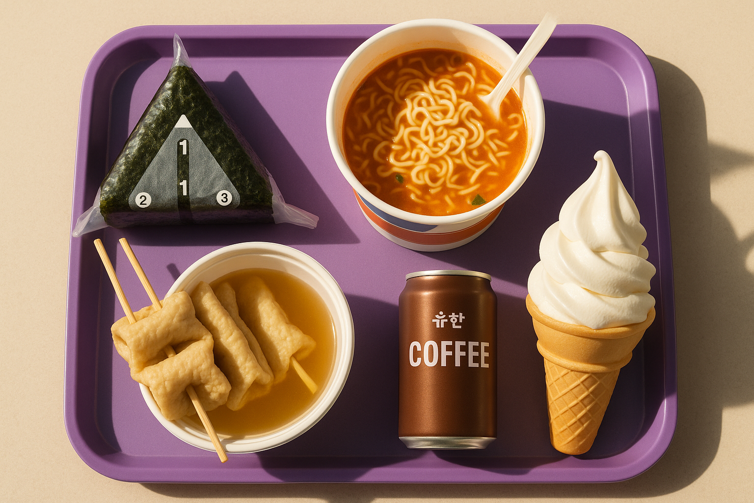 Assorted Korean convenience store food items including triangle kimbap, cup ramen, fish cake skewers, and a soft-serve cone arranged on a tray