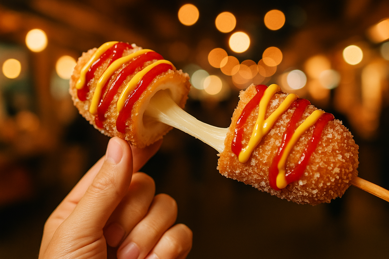 Korean corn dog broken in half showing a long mozzarella cheese pull with a panko and sugar coating