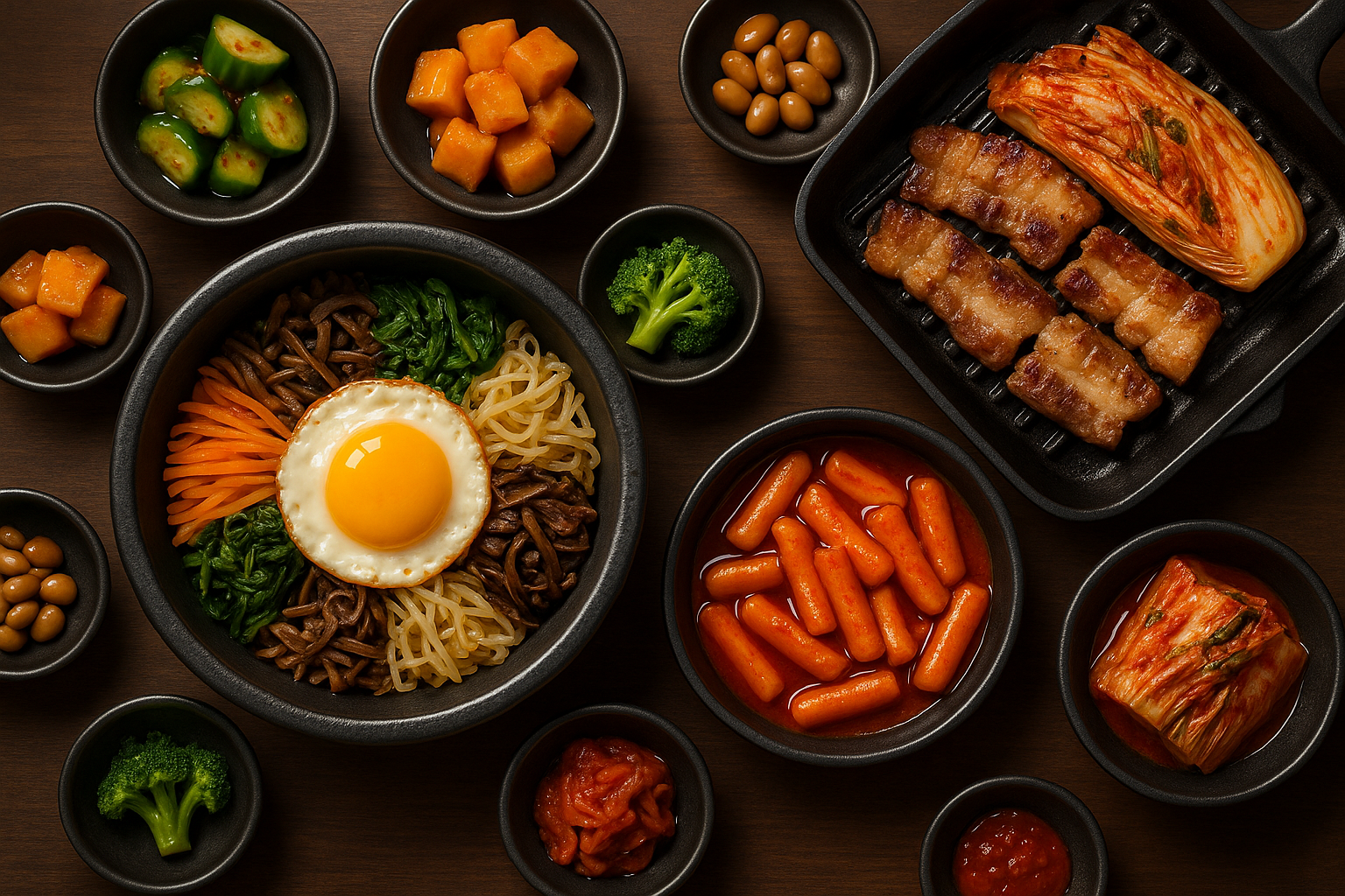 An overhead spread of iconic Korean dishes including bibimbap, Korean barbecue, tteokbokki, and kimchi