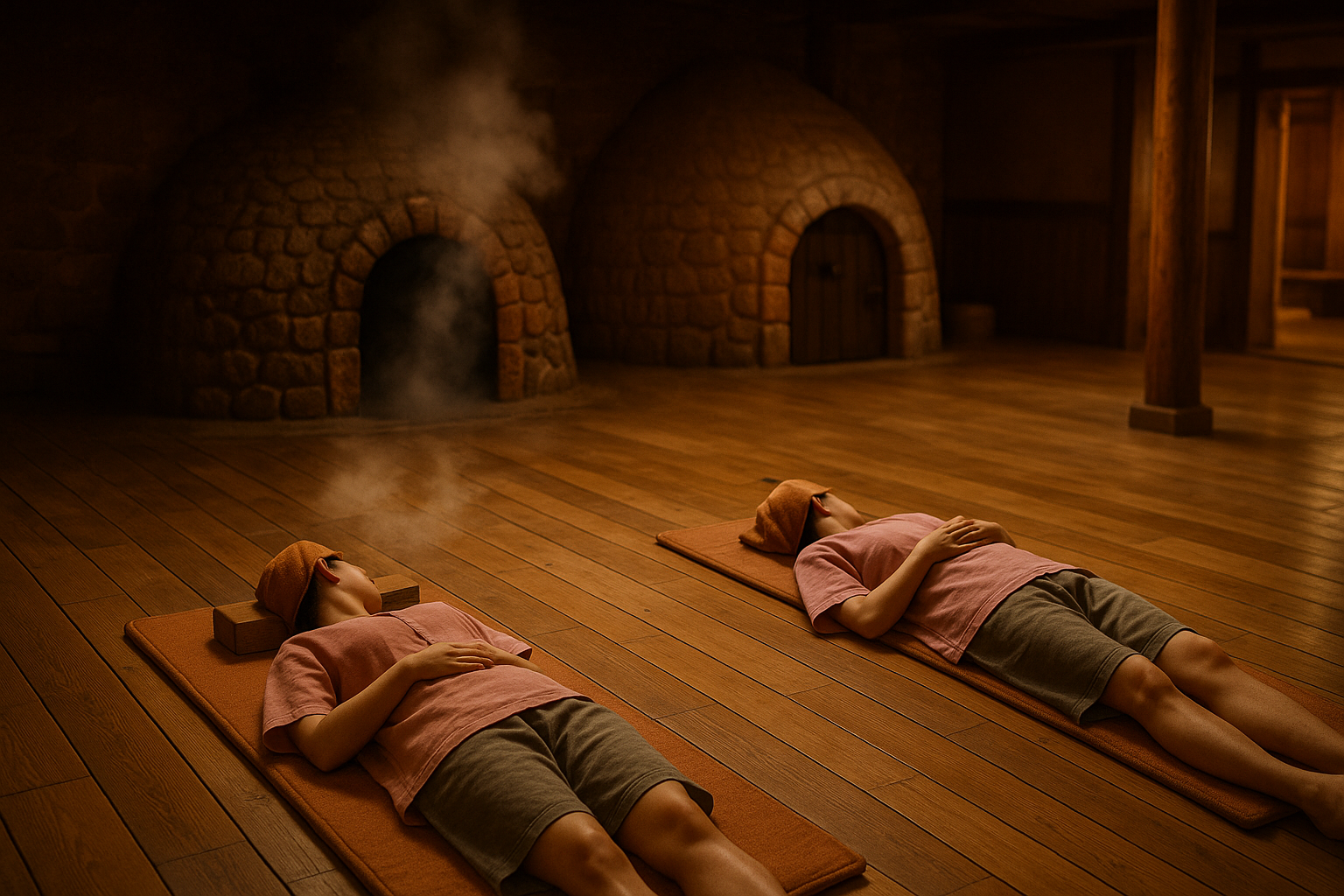 Korean jjimjilbang interior in Seoul with cotton-uniformed guests resting on a heated ondol floor beside a traditional sauna kiln.