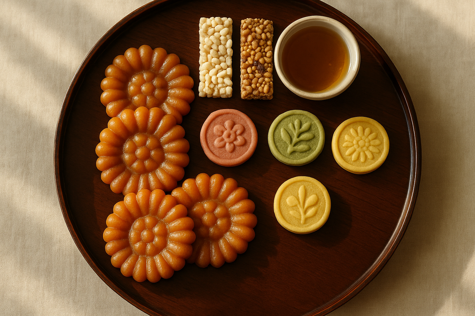 An overhead tray of Korean traditional snacks including yakgwa honey cookies, gangjeong rice bars, and dasik tea cookies