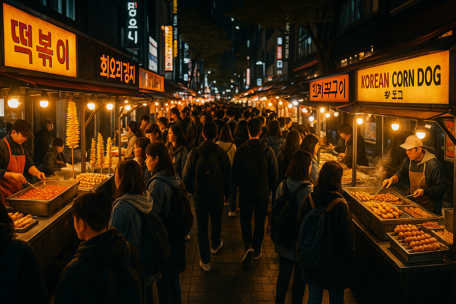 Crowded Myeongdong street food alley at night with glowing vendor stalls and tourists browsing snacks in Seoul, South Korea.