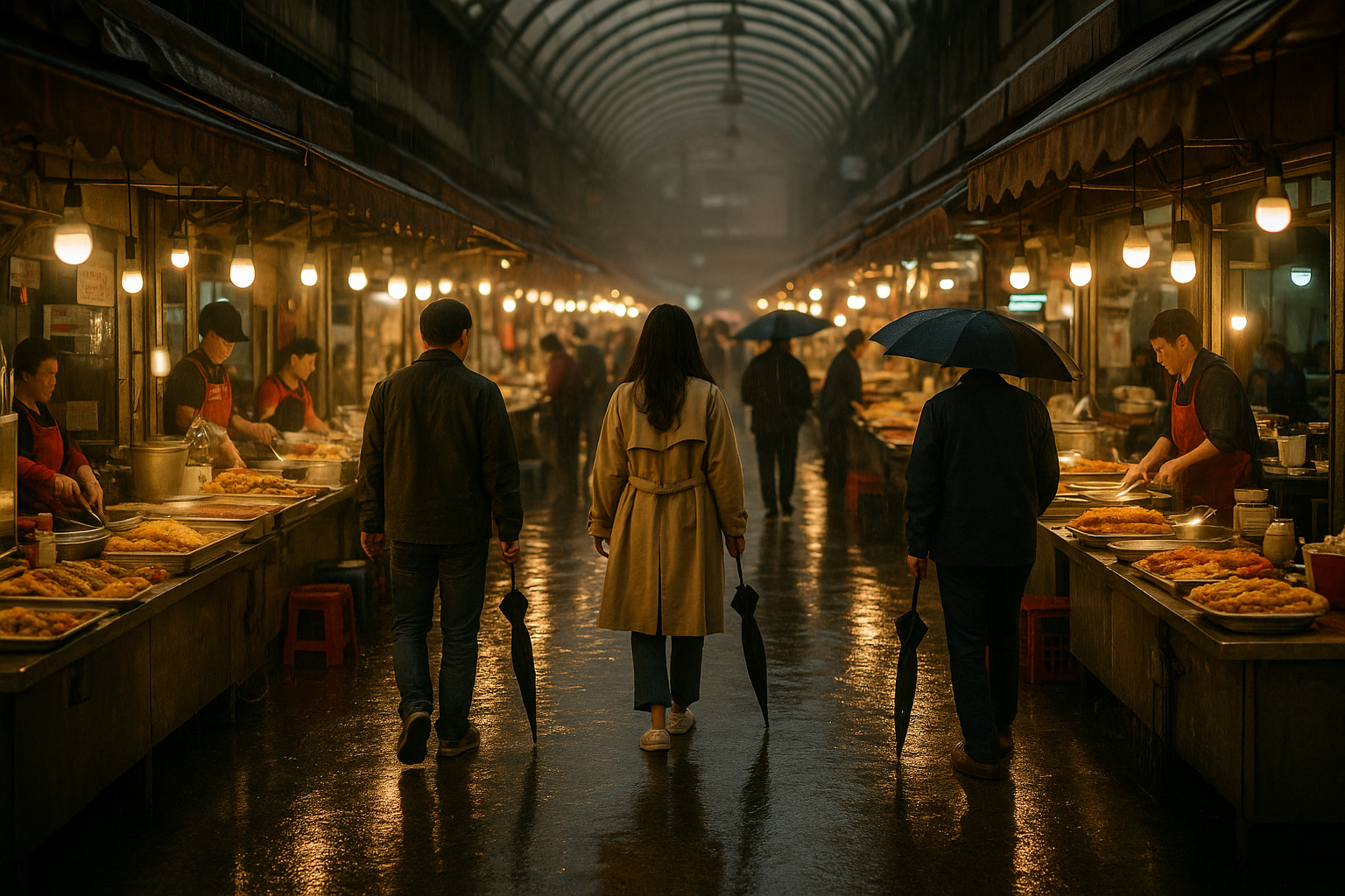 Visitors enjoying Seoul indoor rainy day activities at a covered traditional market