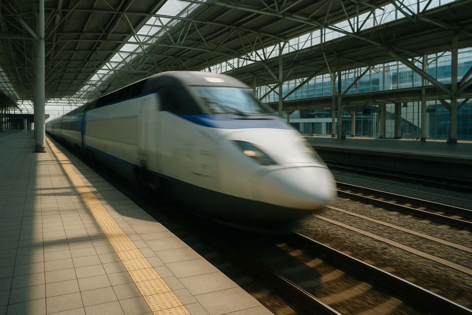 A white KTX bullet train arriving at Seoul Station platform on a clear day, ready for the Seoul to Busan route