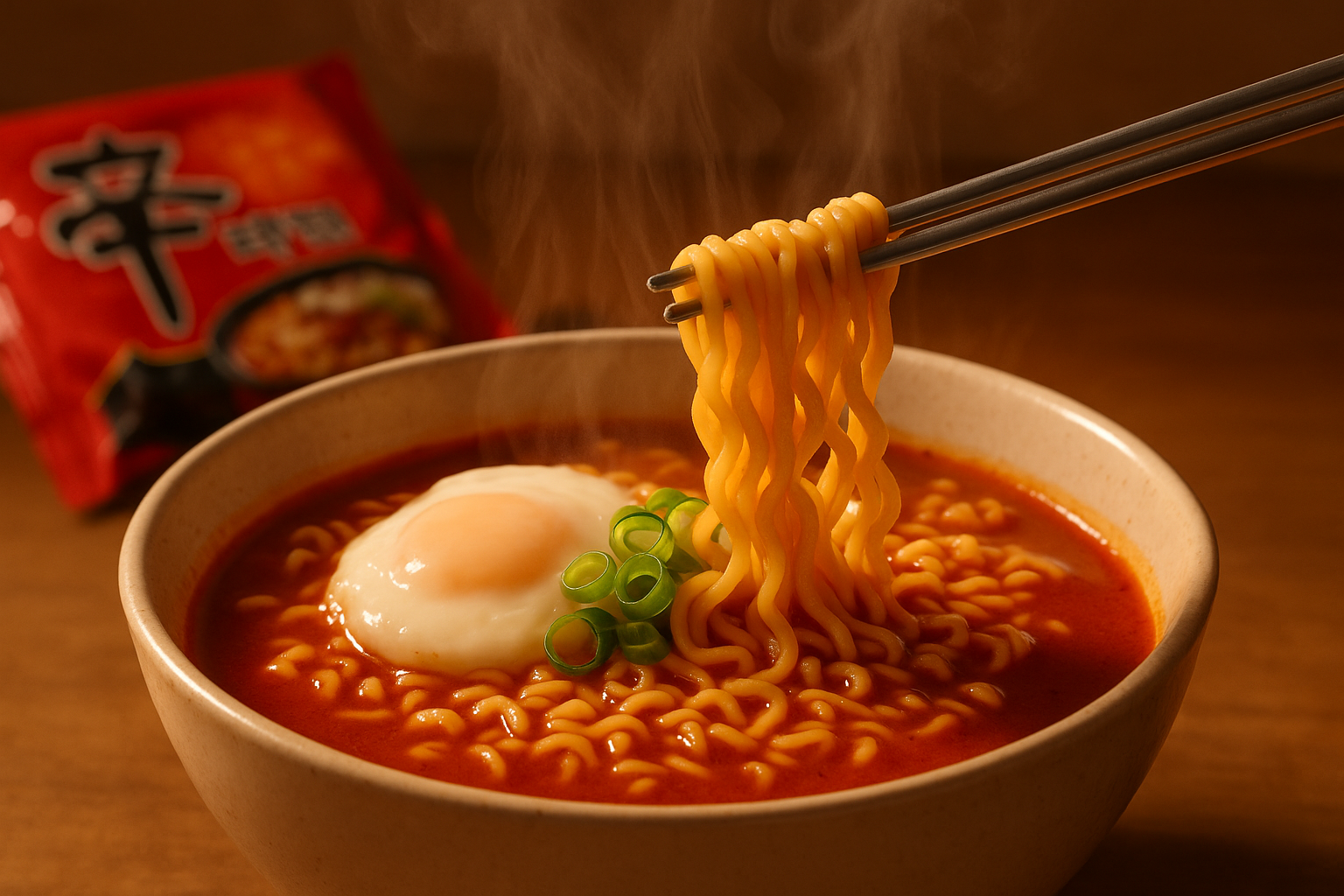 Steaming bowl of Shin Ramyun spicy Korean instant noodles topped with a poached egg and scallions