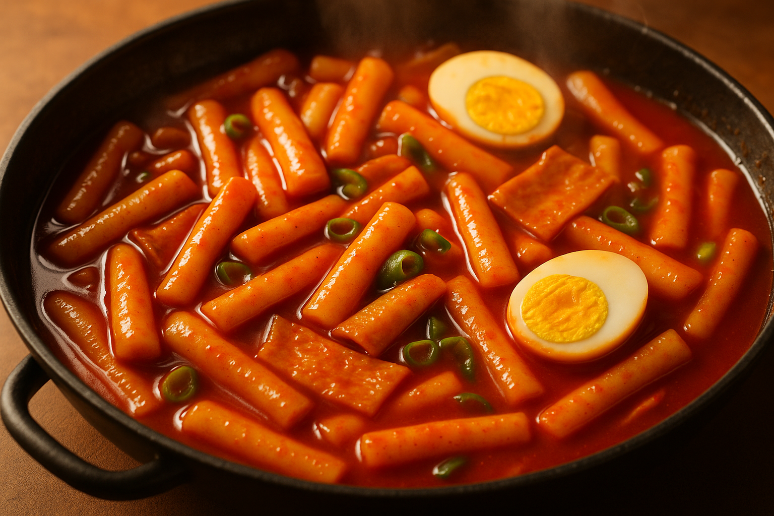 Glossy red-orange Korean tteokbokki rice cakes simmering in spicy sauce with fish cakes, boiled eggs, and scallions in a wide pan