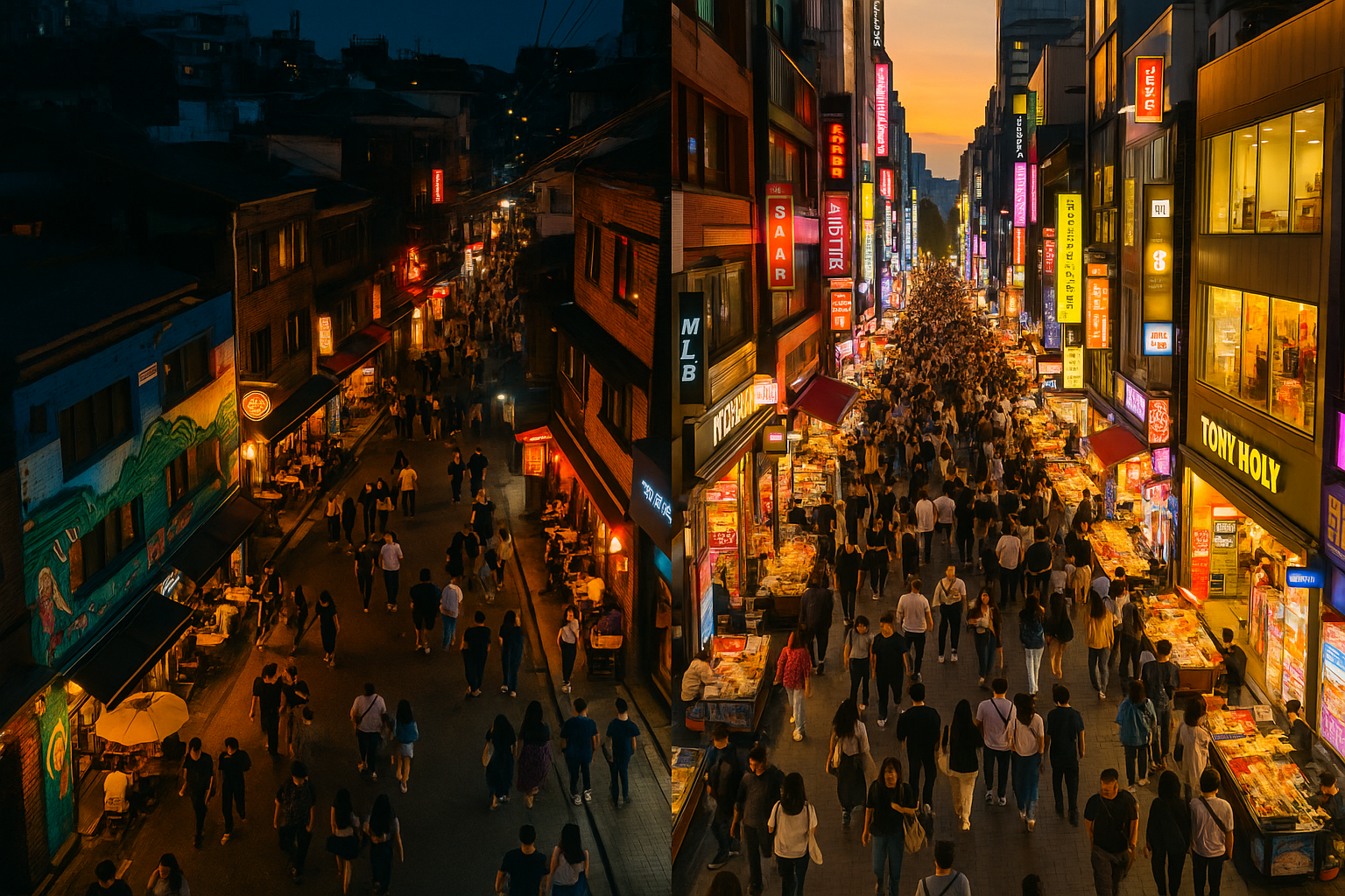 Side-by-side view of Hongdae's street art alley at night and Myeongdong's neon-lit shopping street in Seoul, South Korea.