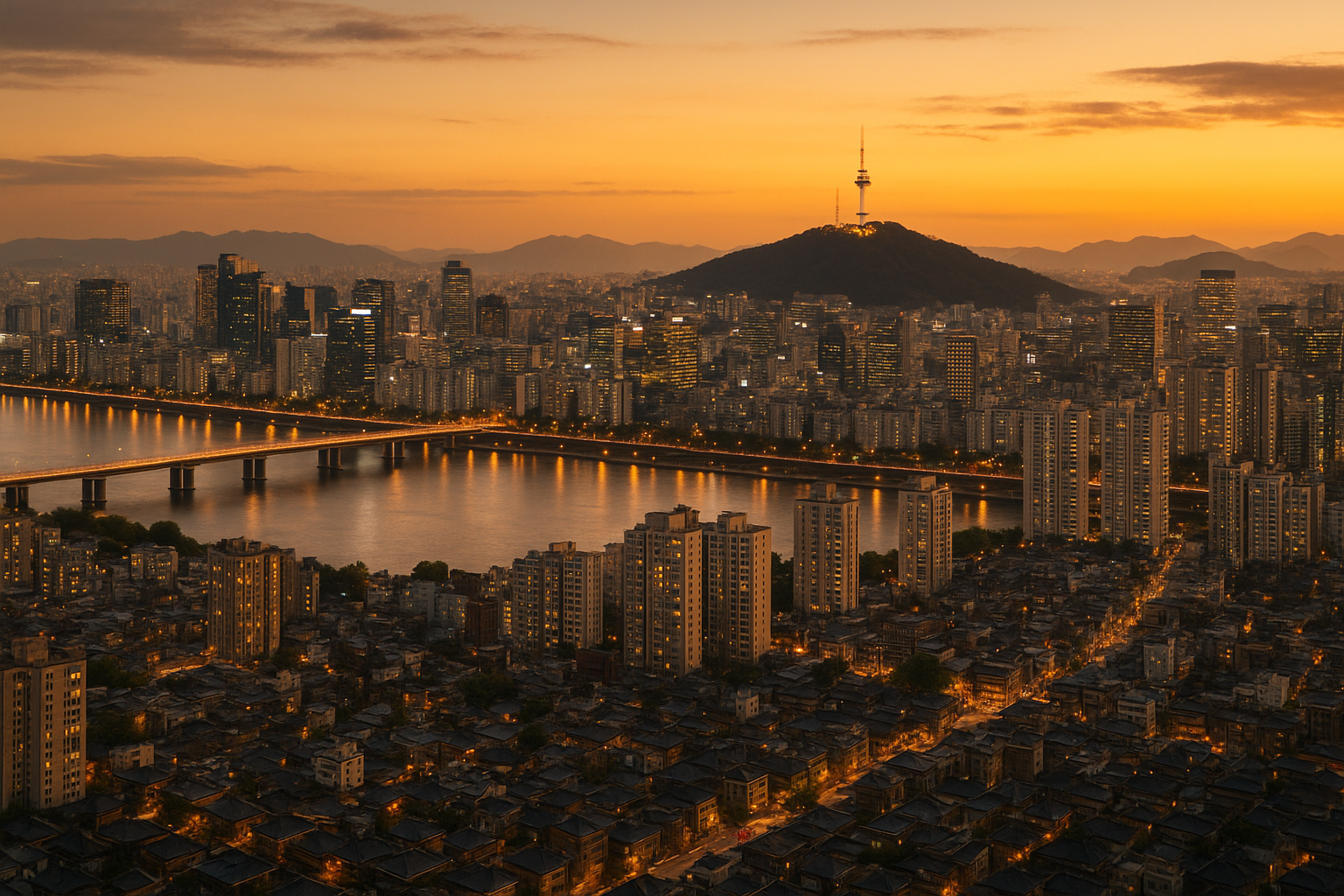 Aerial golden-hour view of Seoul's cityscape with Namsan Tower, the Han River, and a mix of modern skyscrapers and traditional rooftops