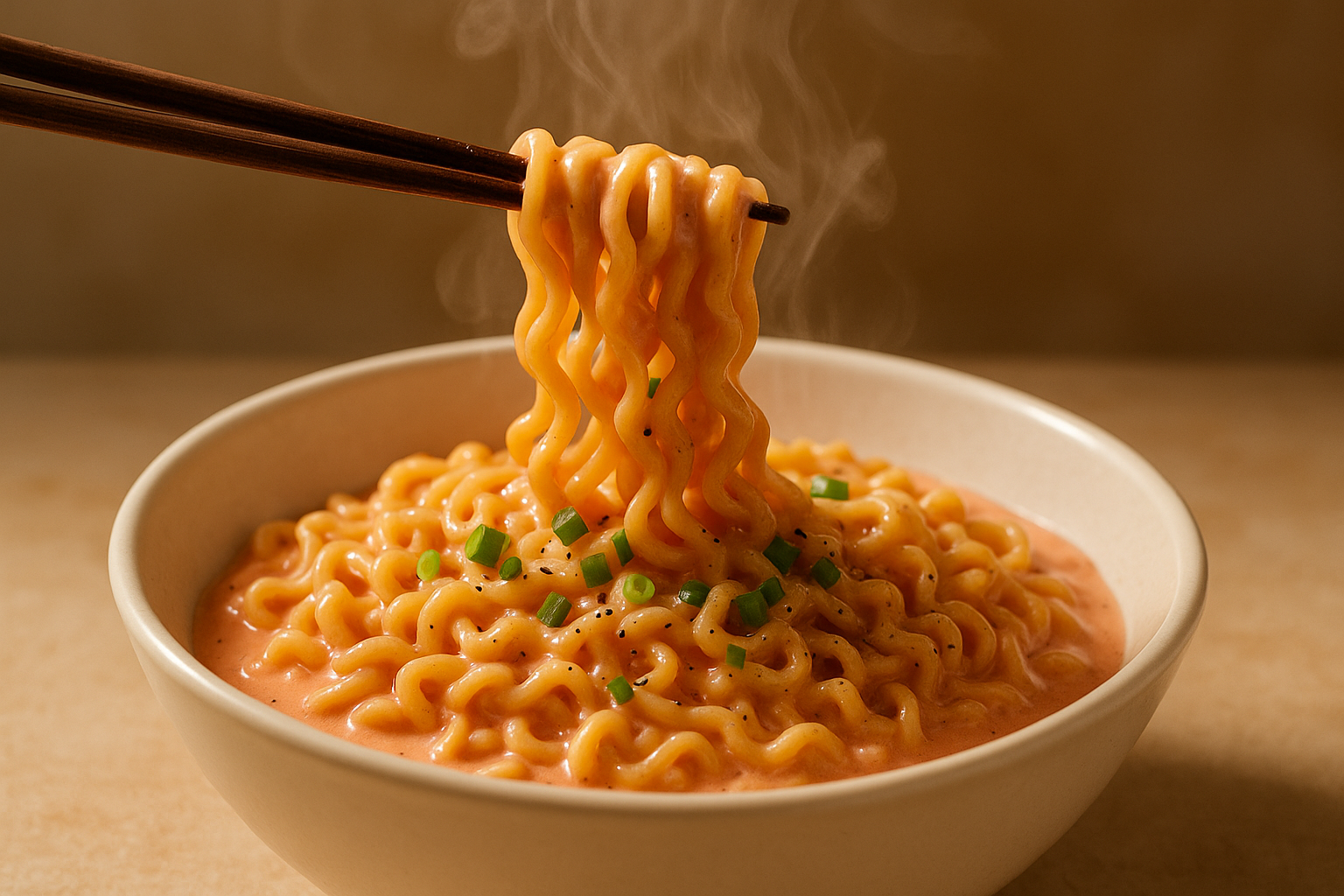 Buldak carbonara noodles coated in glossy pale-pink creamy sauce being lifted with chopsticks