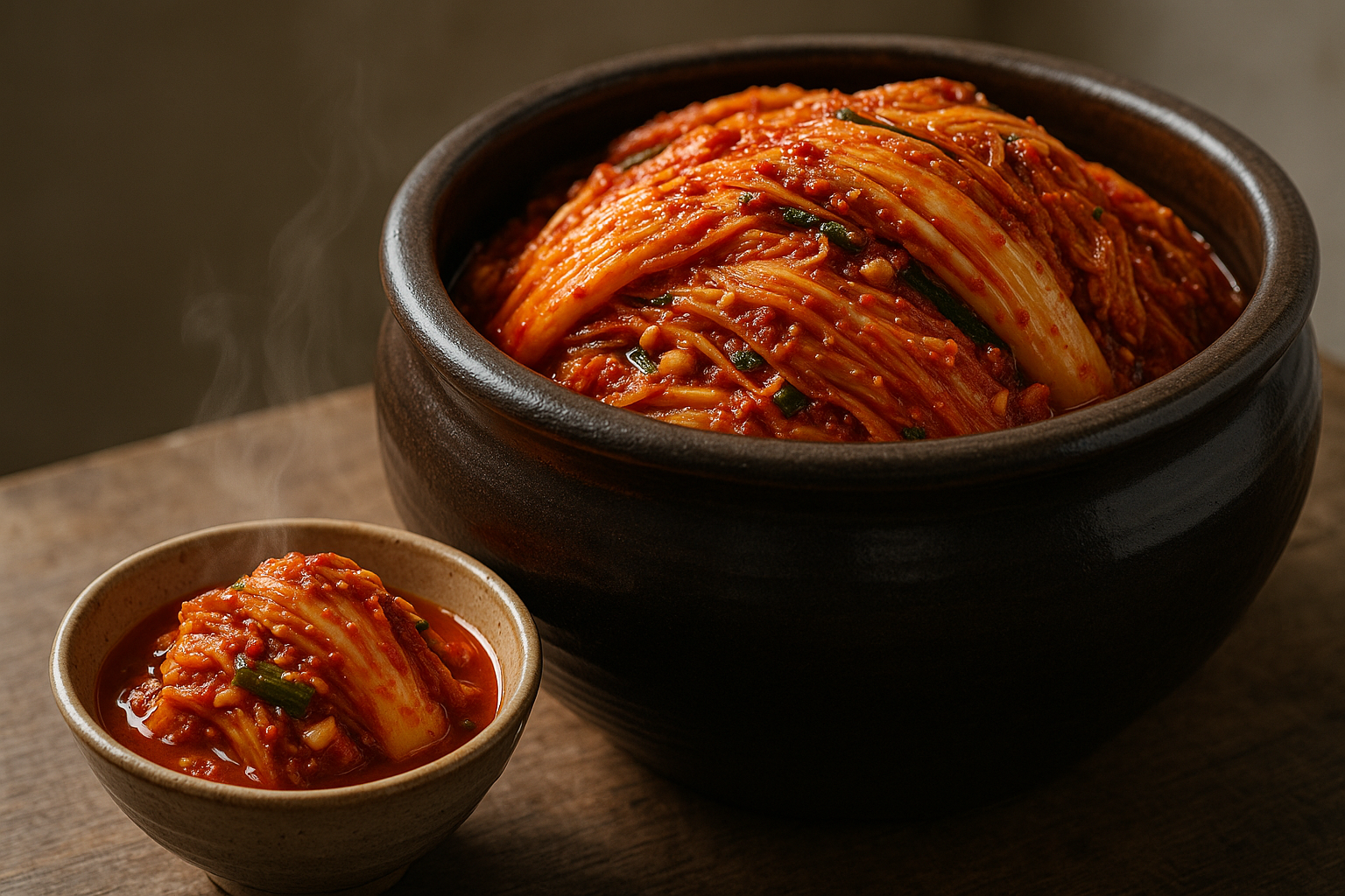 Freshly made Korean napa cabbage kimchi in a traditional onggi earthenware crock