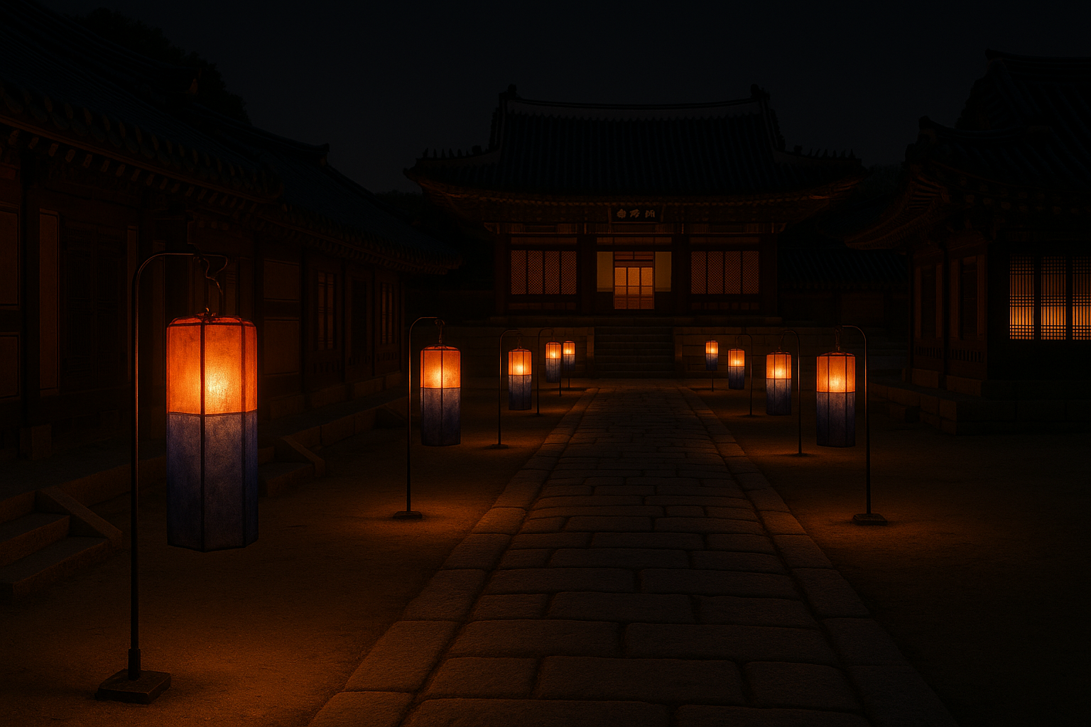 Changdeokgung Palace at night lit by traditional Korean silk lanterns