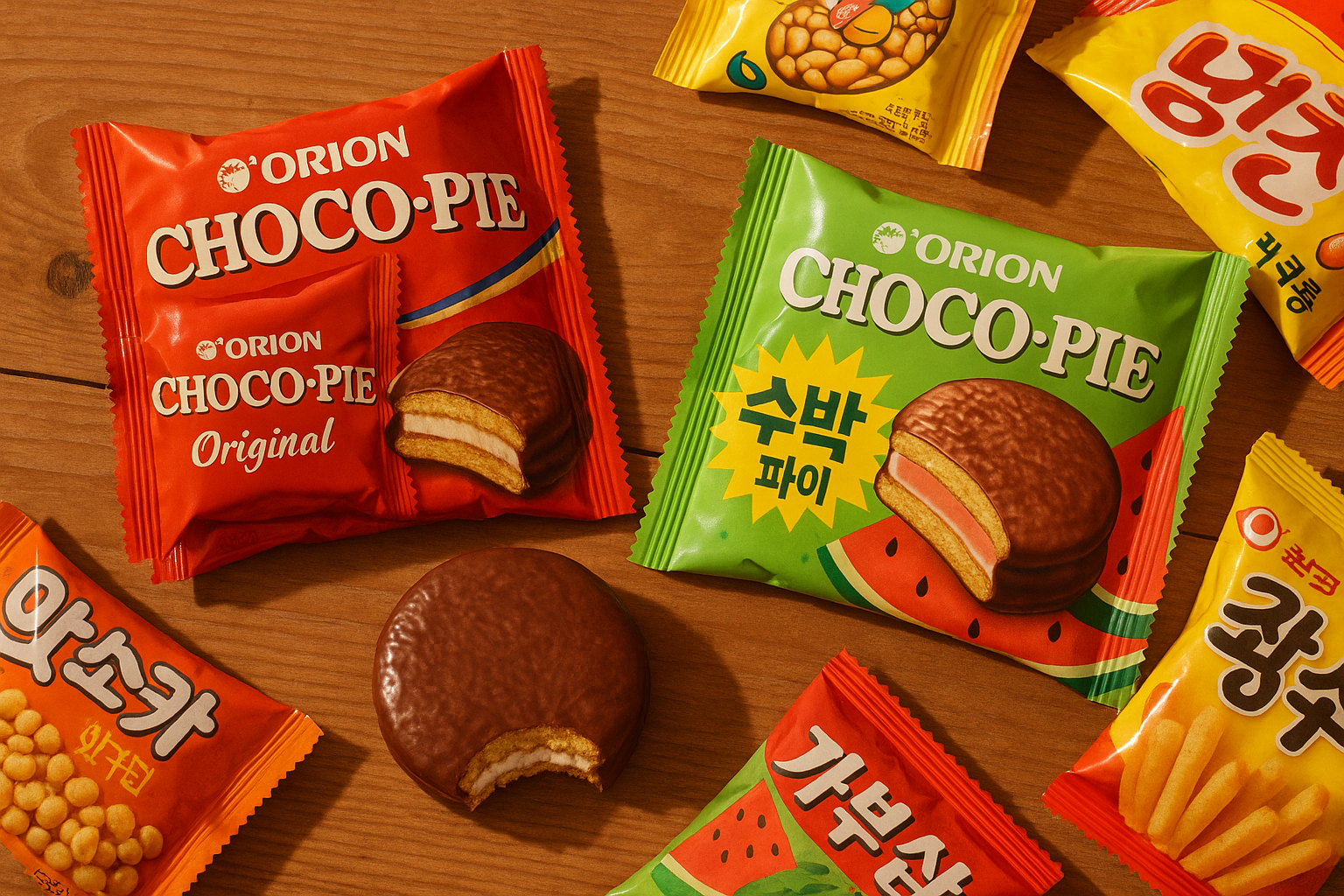 Orion Choco Pie packages in various flavors displayed on a wooden table with one unwrapped to show the marshmallow and chocolate layers.