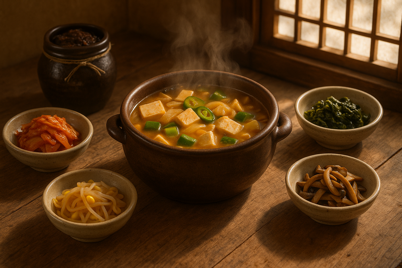 A clay pot of doenjang jjigae stew steaming on a wooden table beside a jar of fermented soybean paste and Korean side dishes.