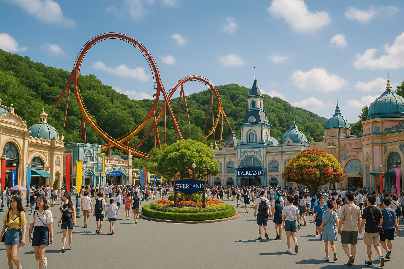 Colorful roller coasters and crowd of visitors at Everland theme park in Yongin, South Korea on a sunny day