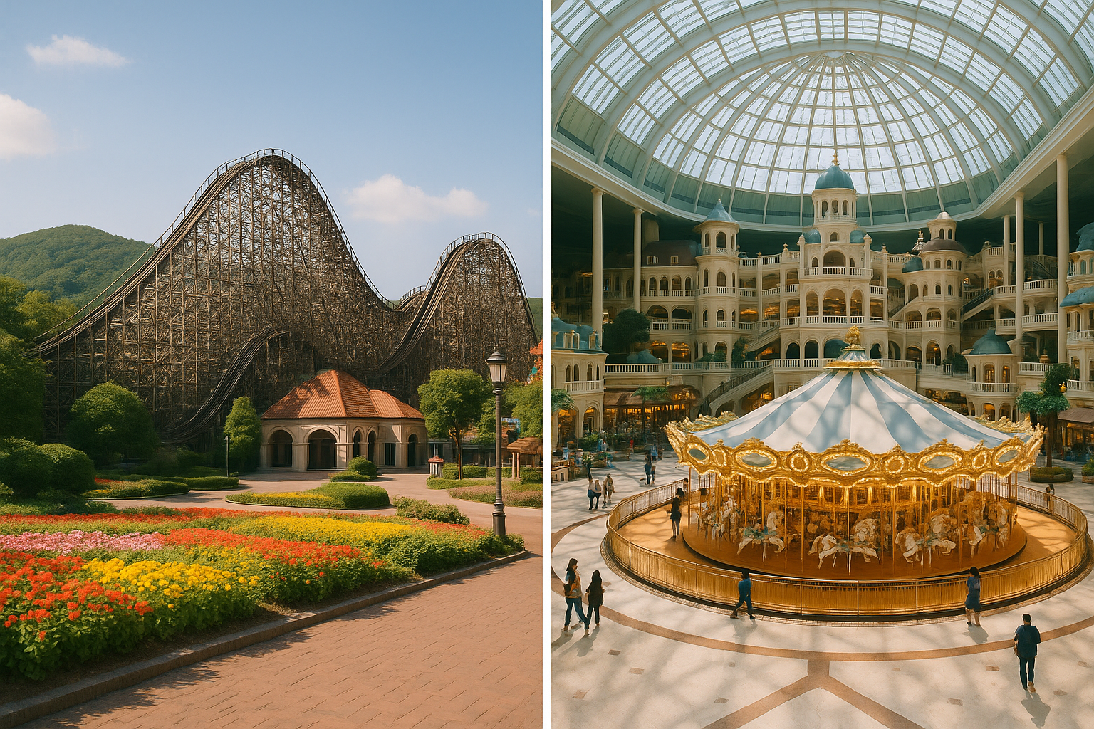 Split image comparing an outdoor Korean theme park with a wooden roller coaster and a domed indoor amusement park interior