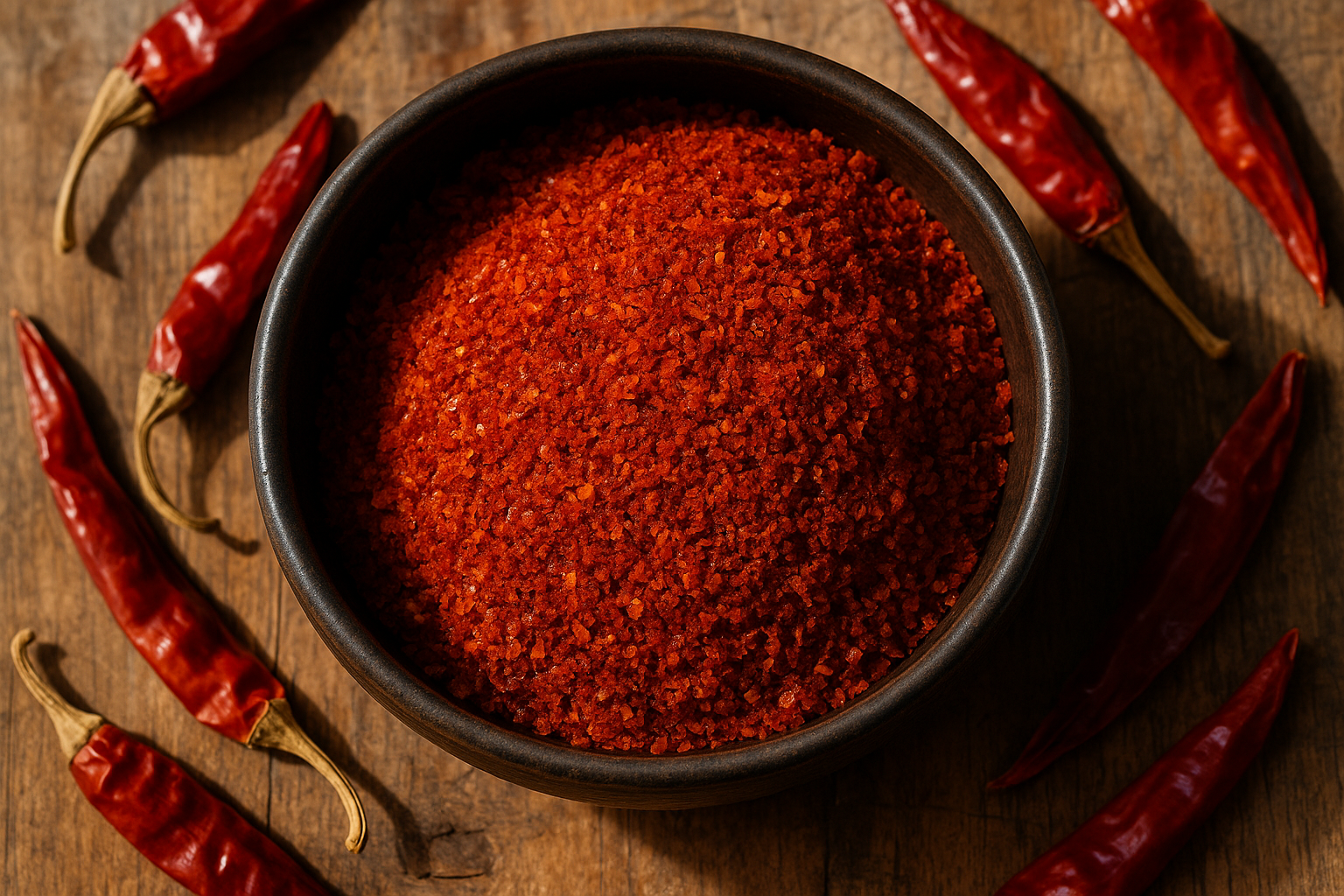 Bright red gochugaru Korean red pepper flakes in a dark ceramic bowl surrounded by dried red chilies on a wooden surface