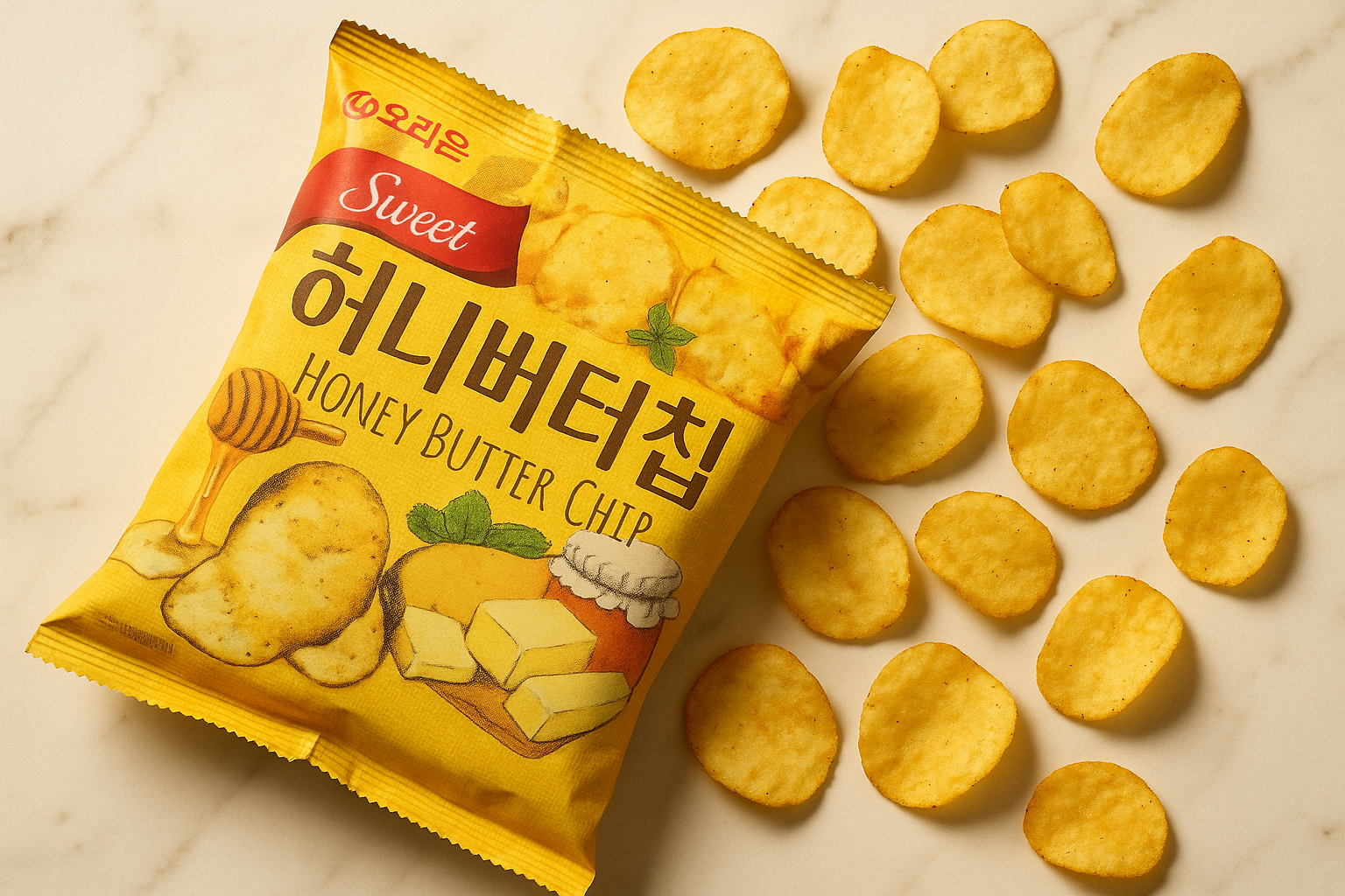A torn-open yellow bag of Korean honey butter chips with golden potato chips scattered on a white marble surface