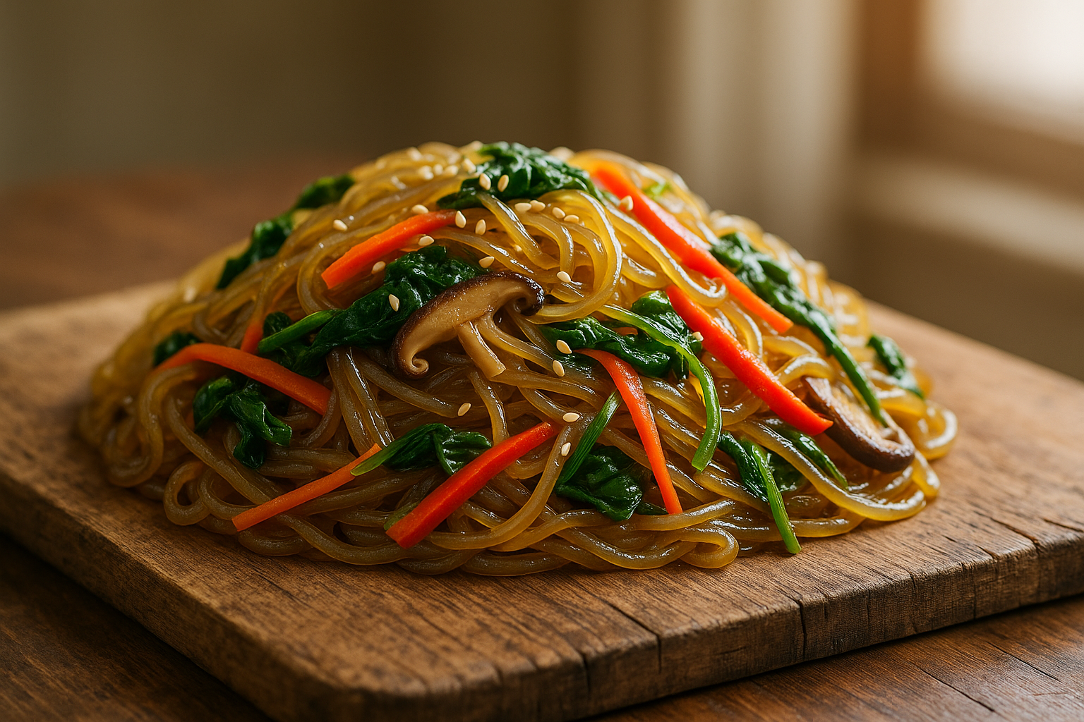 Stir-fried japchae glass noodles with colorful vegetables and sesame seeds on a wooden serving board