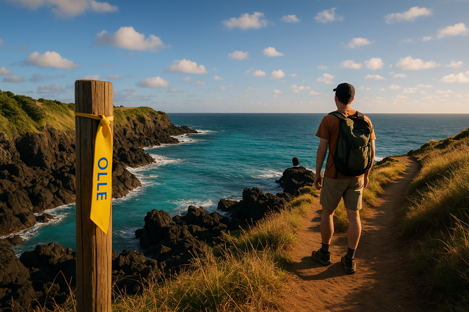 Hiker on a coastal cliff section of the Jeju Olle Trail with volcanic black rocks and turquoise sea below