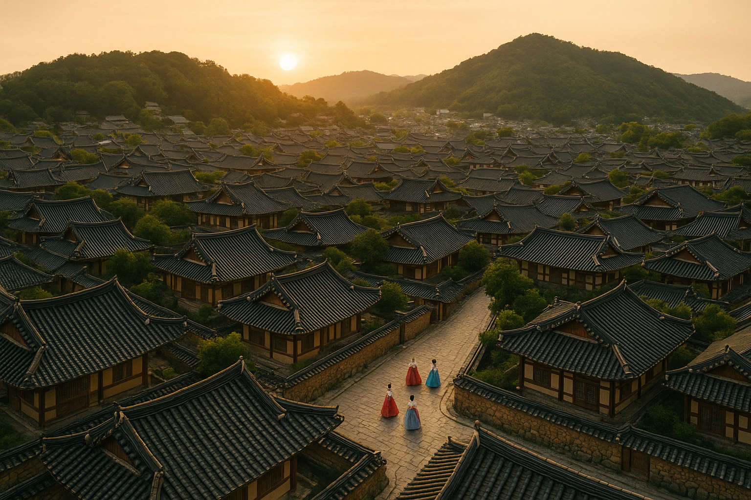 Golden-hour aerial view of Jeonju Hanok Village showing hundreds of traditional tiled hanok rooftops with visitors in hanbok walking the alleyways