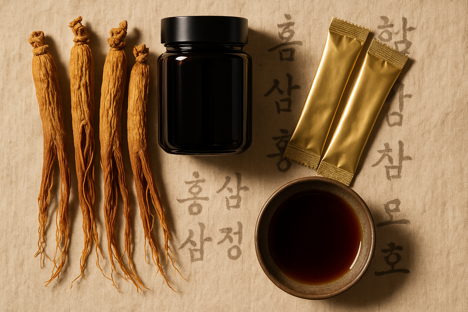 Korean red ginseng roots, extract sachets, and a jar of concentrate arranged on a linen cloth with warm editorial lighting.
