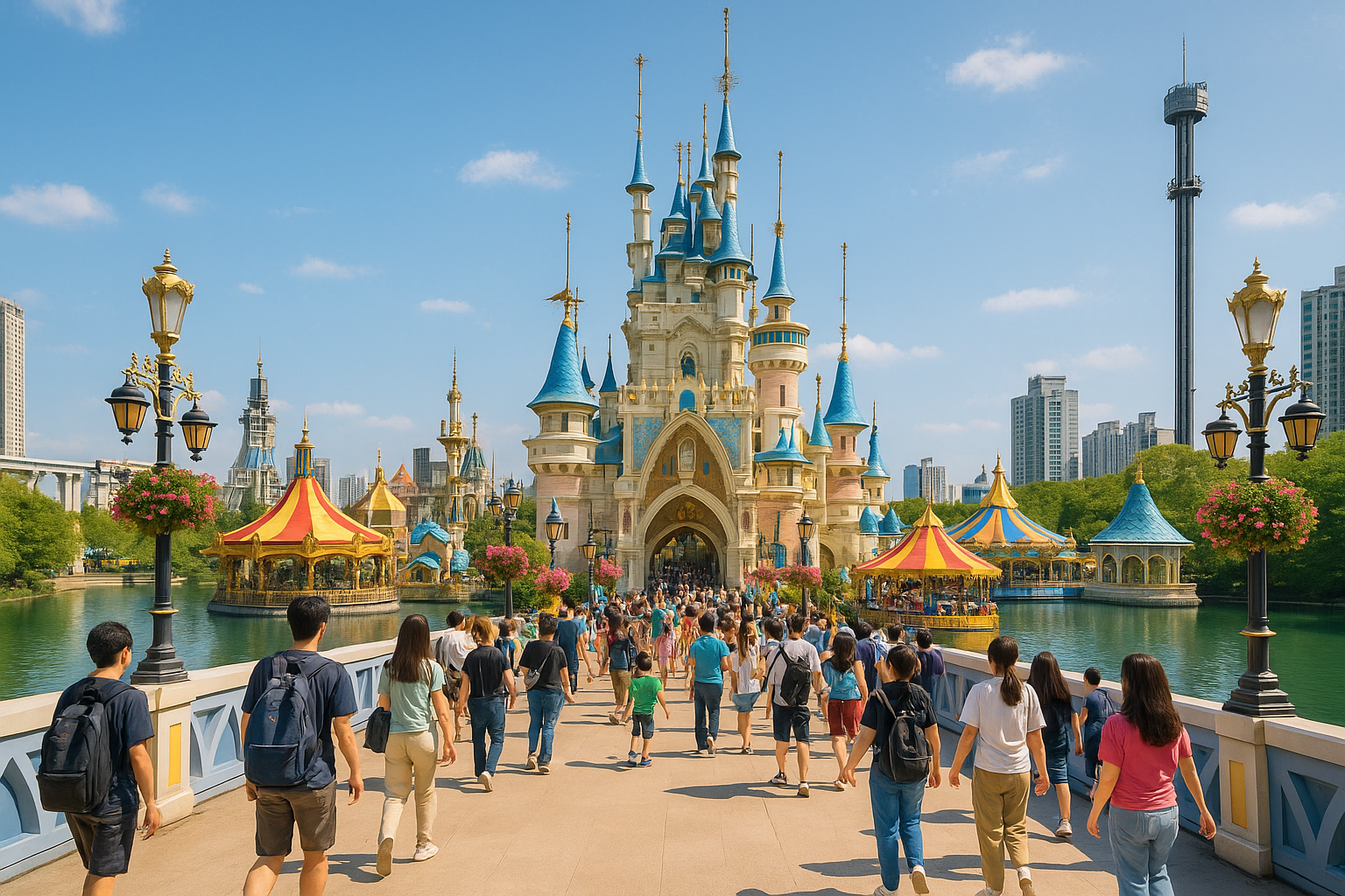 Colorful entrance of Lotte World theme park in Seoul with Magic Island castle and visitors in the foreground on a sunny day