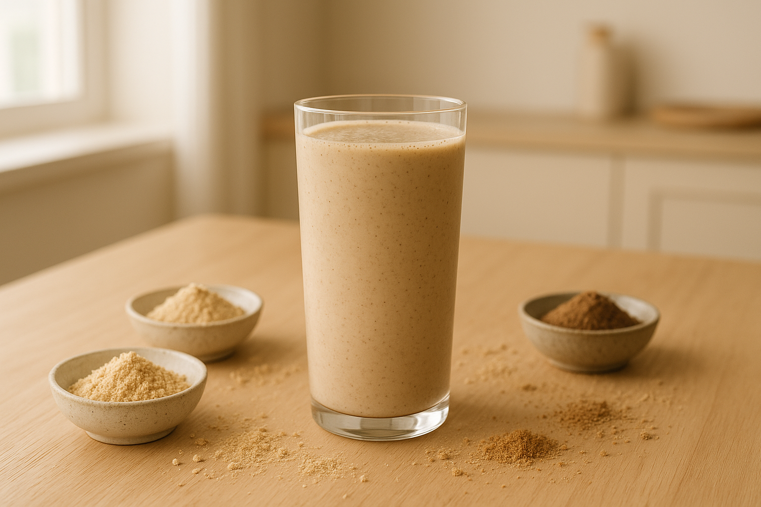 A creamy glass of misugaru multigrain drink surrounded by small bowls of roasted Korean grain powders on a wooden table