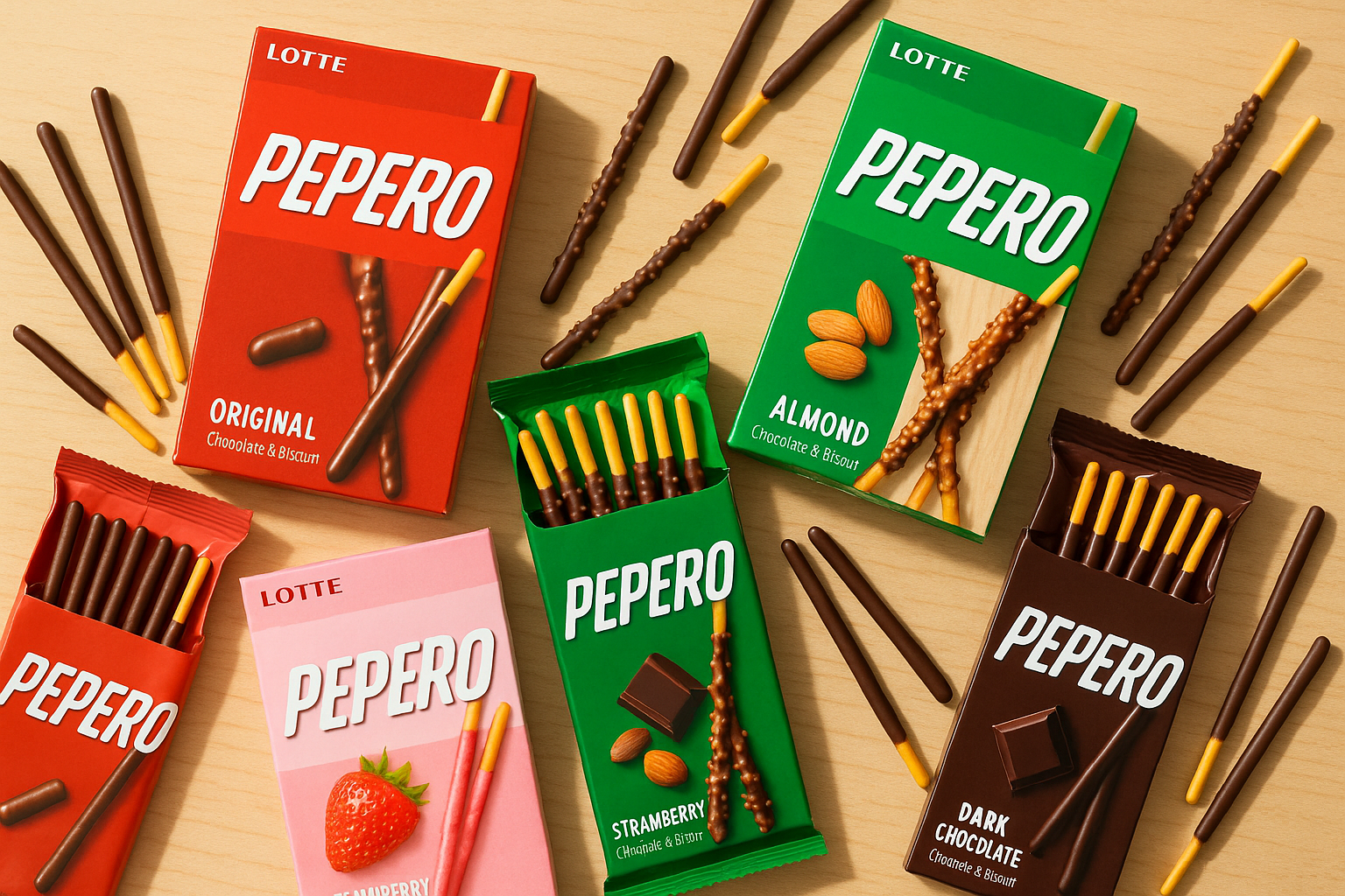 Assorted Pepero boxes and chocolate-coated biscuit sticks in multiple flavors arranged on a wooden surface