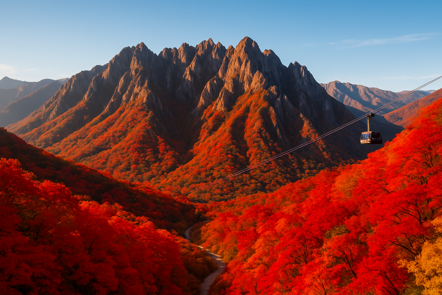 Seoraksan National Park mountain ridge covered in peak red and orange autumn foliage under a bright blue sky in October