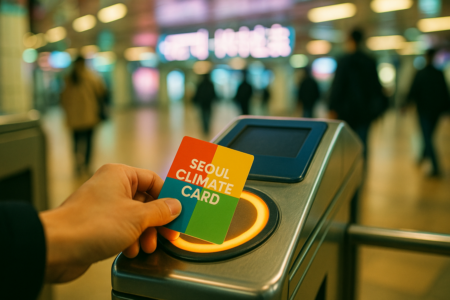 A Seoul Climate Card being tapped at a Seoul Metro subway turnstile inside a modern station