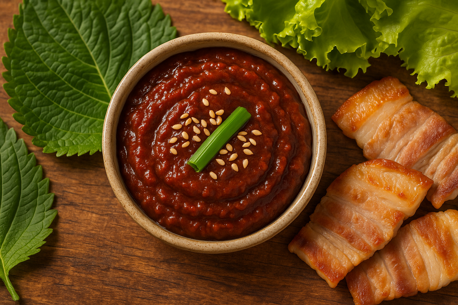 A ceramic bowl of thick dark ssamjang dipping sauce garnished with sesame seeds, served alongside lettuce wraps and grilled pork belly at a Korean BBQ table.