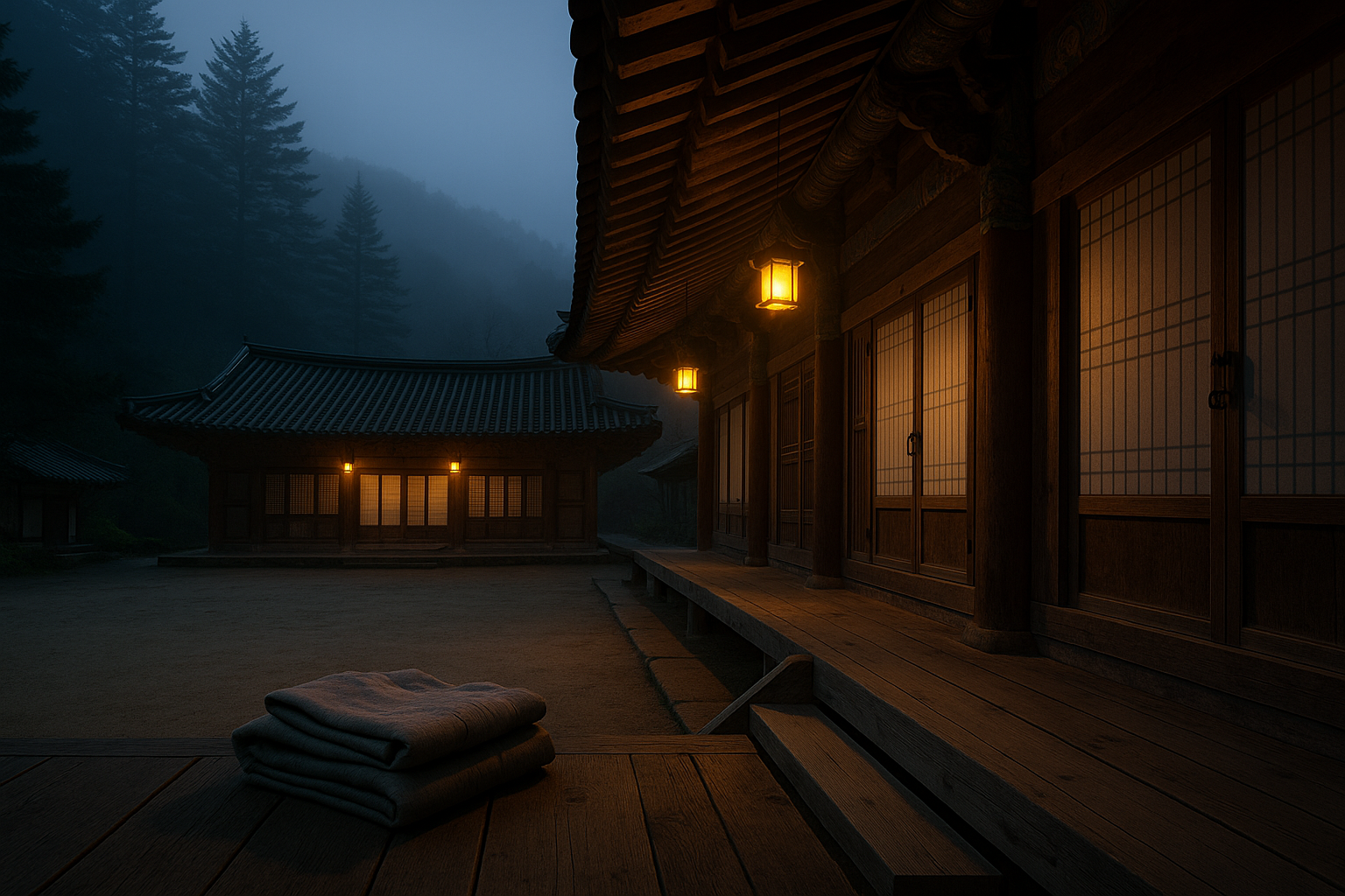 Pre-dawn courtyard of a Korean mountain Buddhist temple with lantern-lit wooden hall and folded grey templestay robes