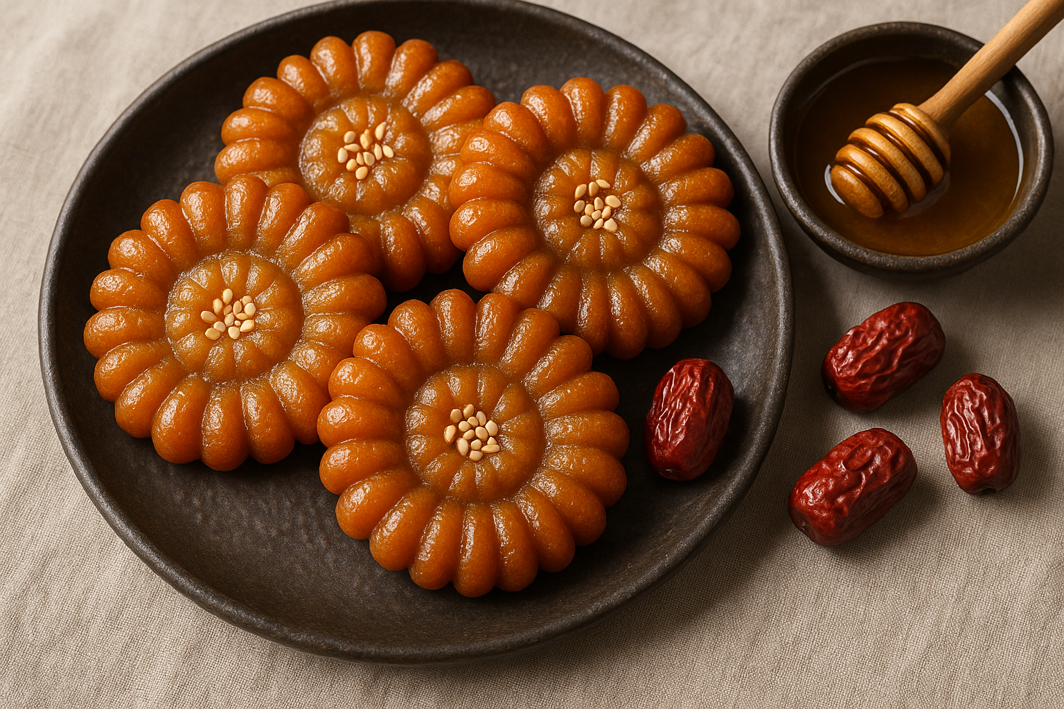 Golden-brown yakgwa Korean honey cookies arranged on a dark ceramic plate with honey and jujubes, traditional Korean confectionery