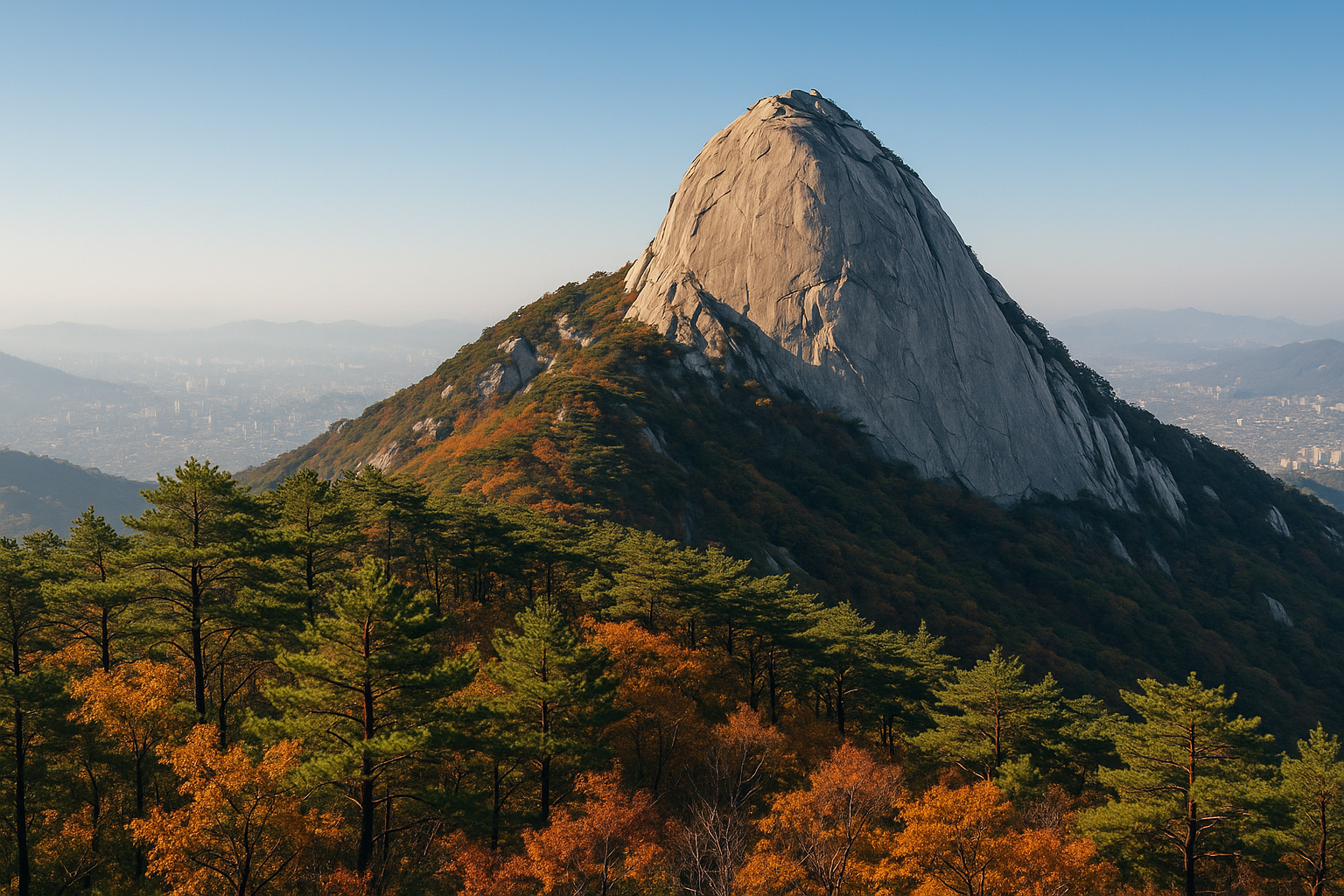 Granite peaks of Bukhansan National Park rising above pine forest with the northern edge of Seoul visible below.