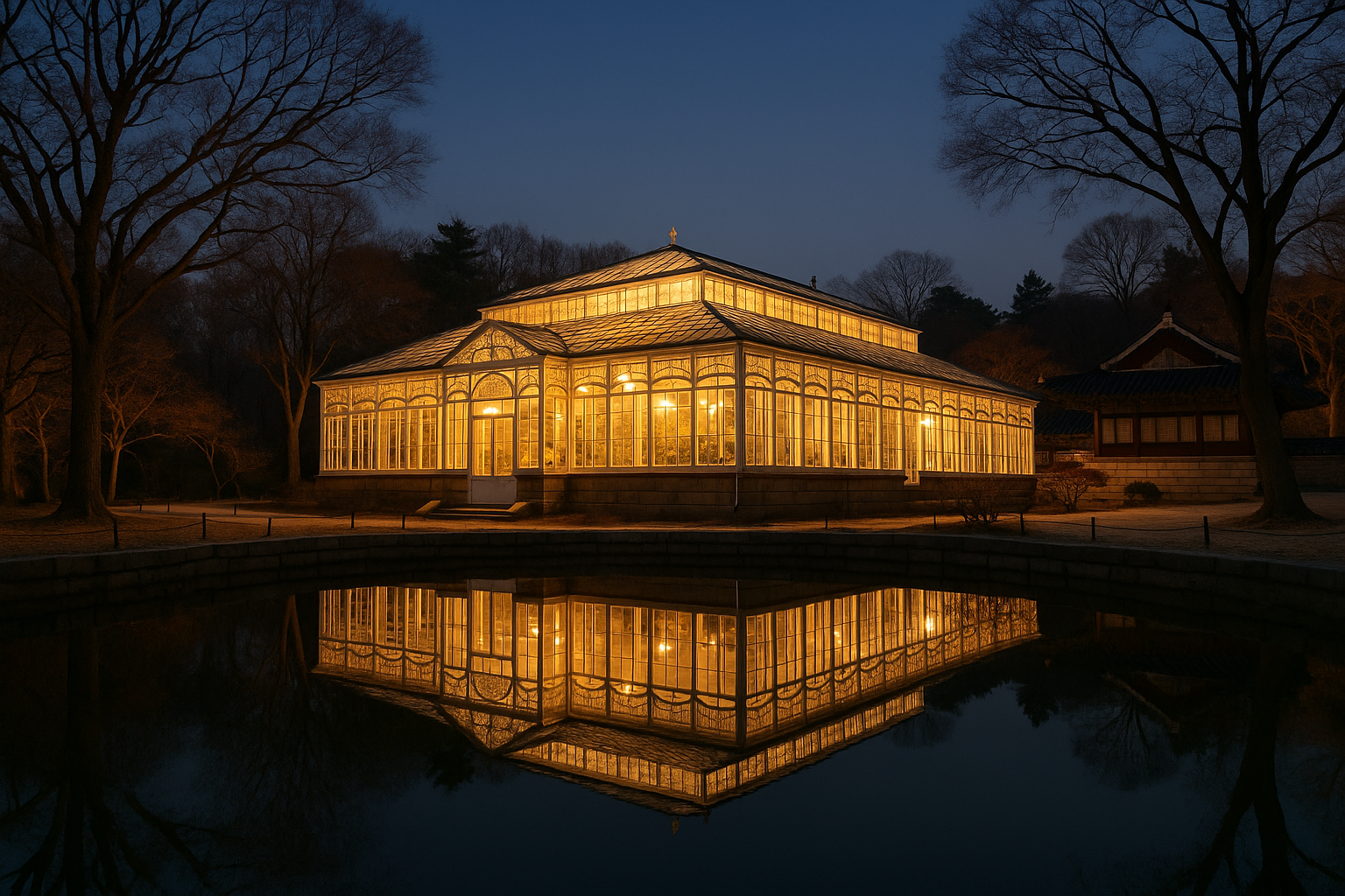 The 1909 Grand Greenhouse at Changgyeonggung Palace lit from within at dusk, reflected in the pond