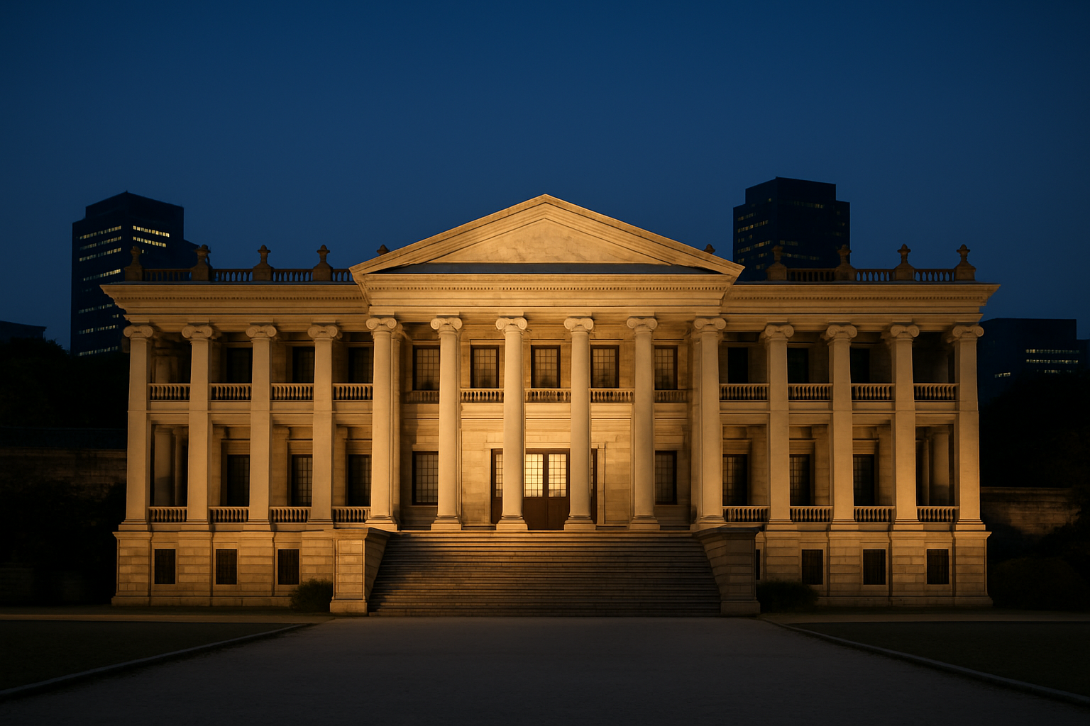 The white neo-classical Seokjojeon hall at Deoksugung Palace lit at dusk with Seoul office towers rising behind it