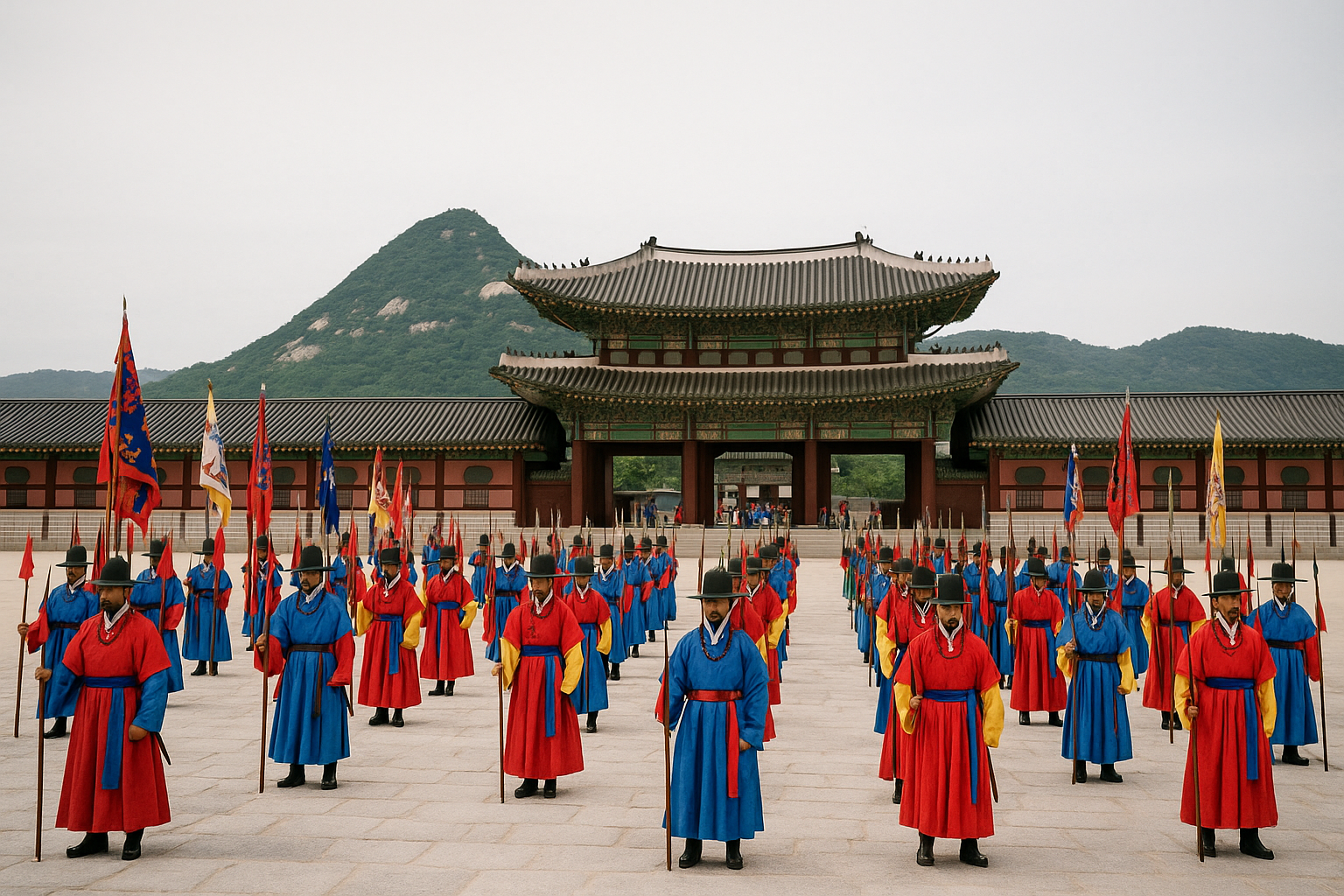 Royal guards in blue and red Joseon court robes standing in formation with ceremonial flags in the courtyard before Gyeongbokgung's gate