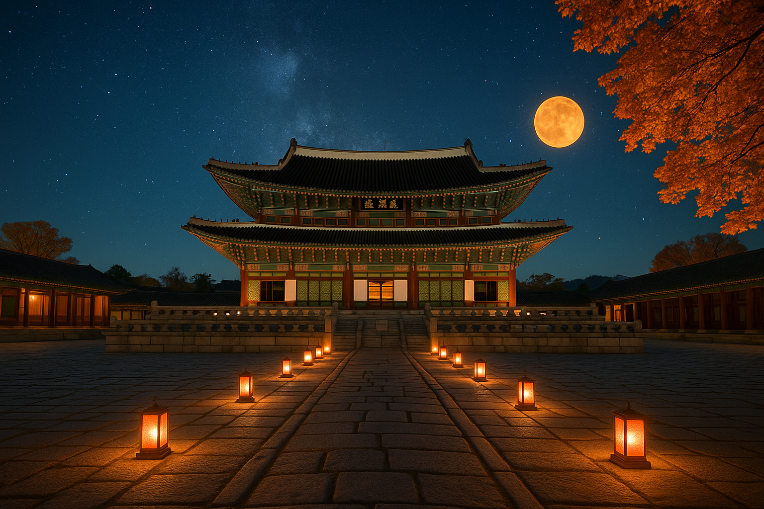 Gyeongbokgung palace courtyard lit by lanterns on a clear autumn night with painted eaves above the stone path.