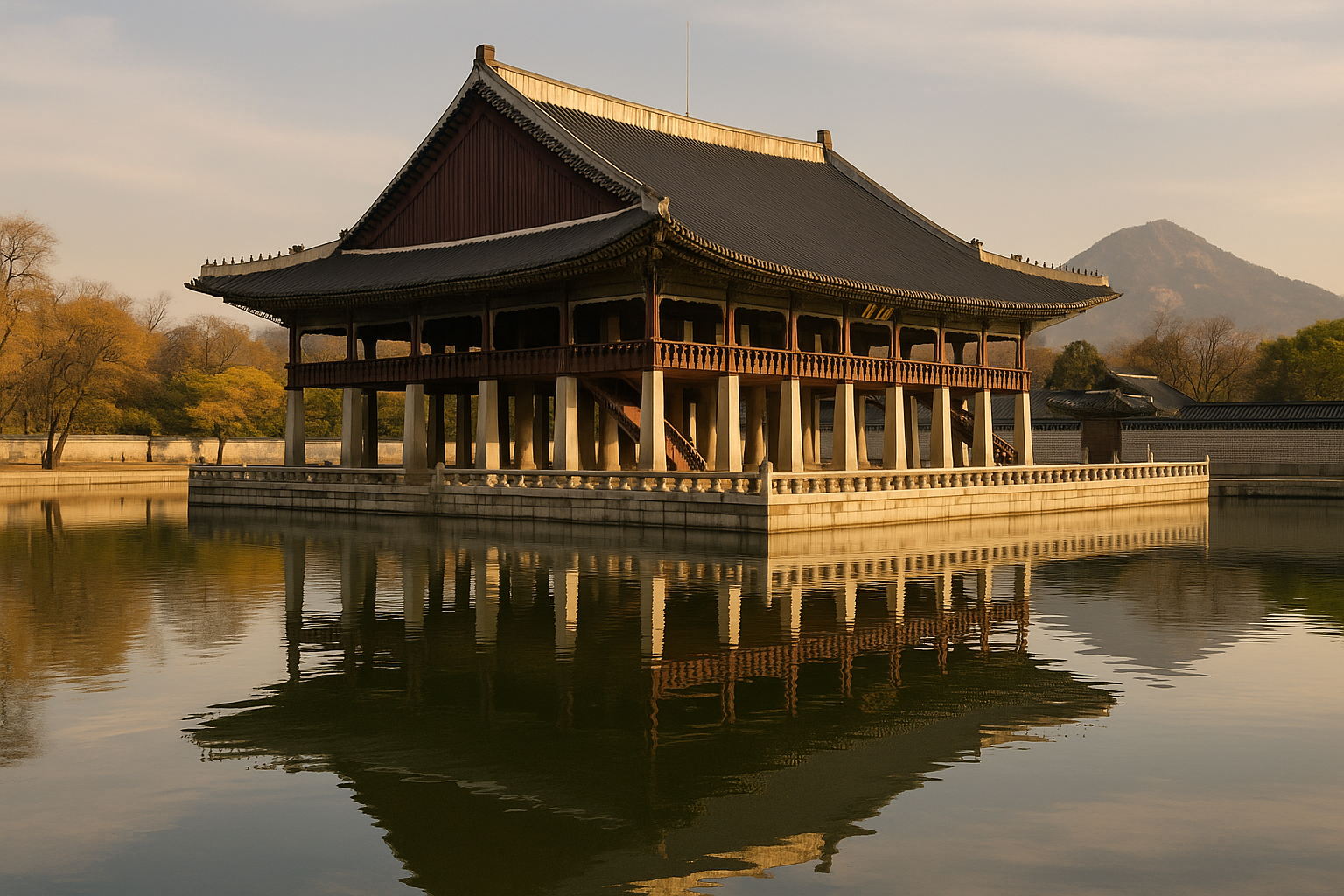 Gyeonghoeru Pavilion standing on stone pillars above its pond at Gyeongbokgung Palace in Seoul