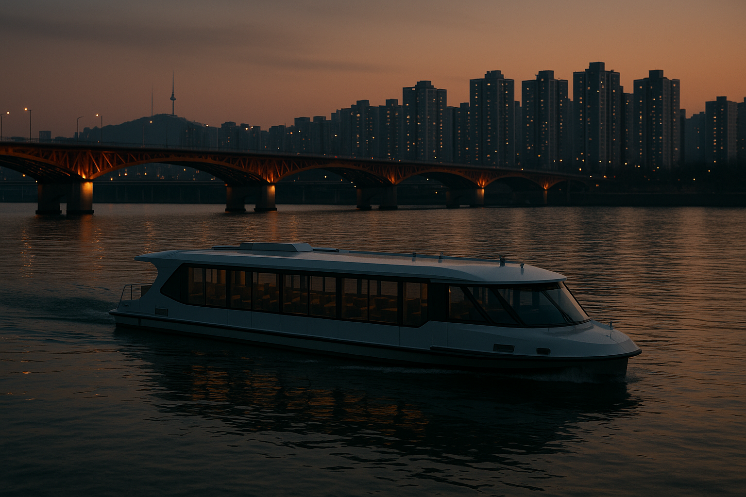A passenger ferry on the Han River at dusk with Seoul's bridges and riverside towers on the far bank.